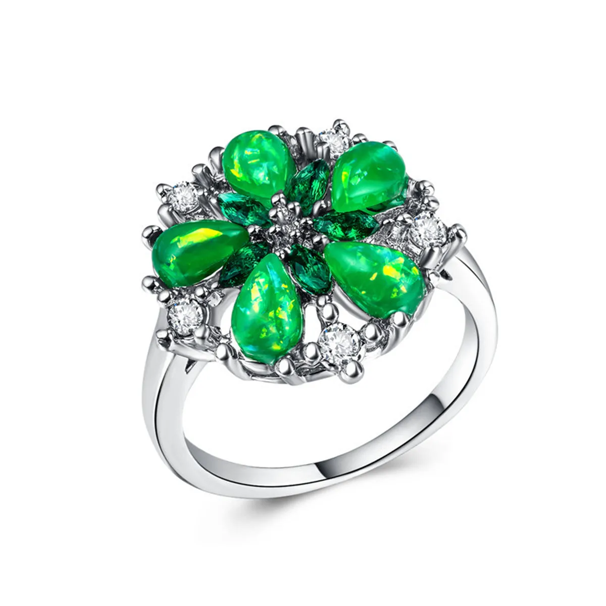 Green Opal & Cubic Zirconia Sunflower Ring
