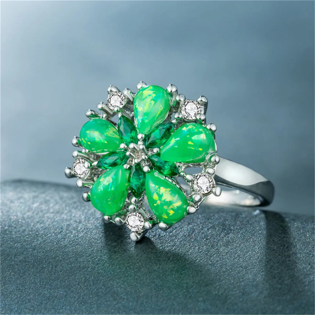 Green Opal & Cubic Zirconia Sunflower Ring