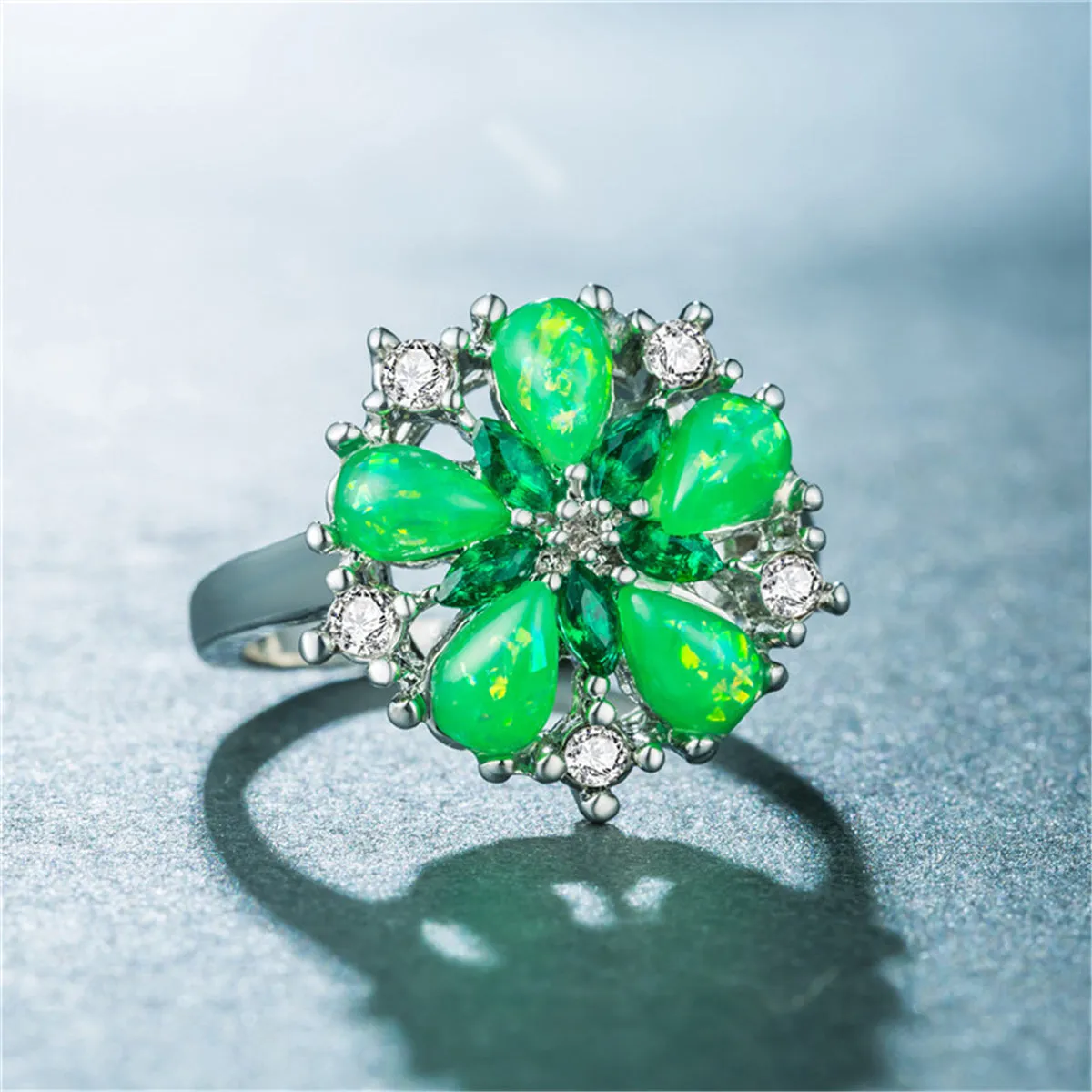 Green Opal & Cubic Zirconia Sunflower Ring