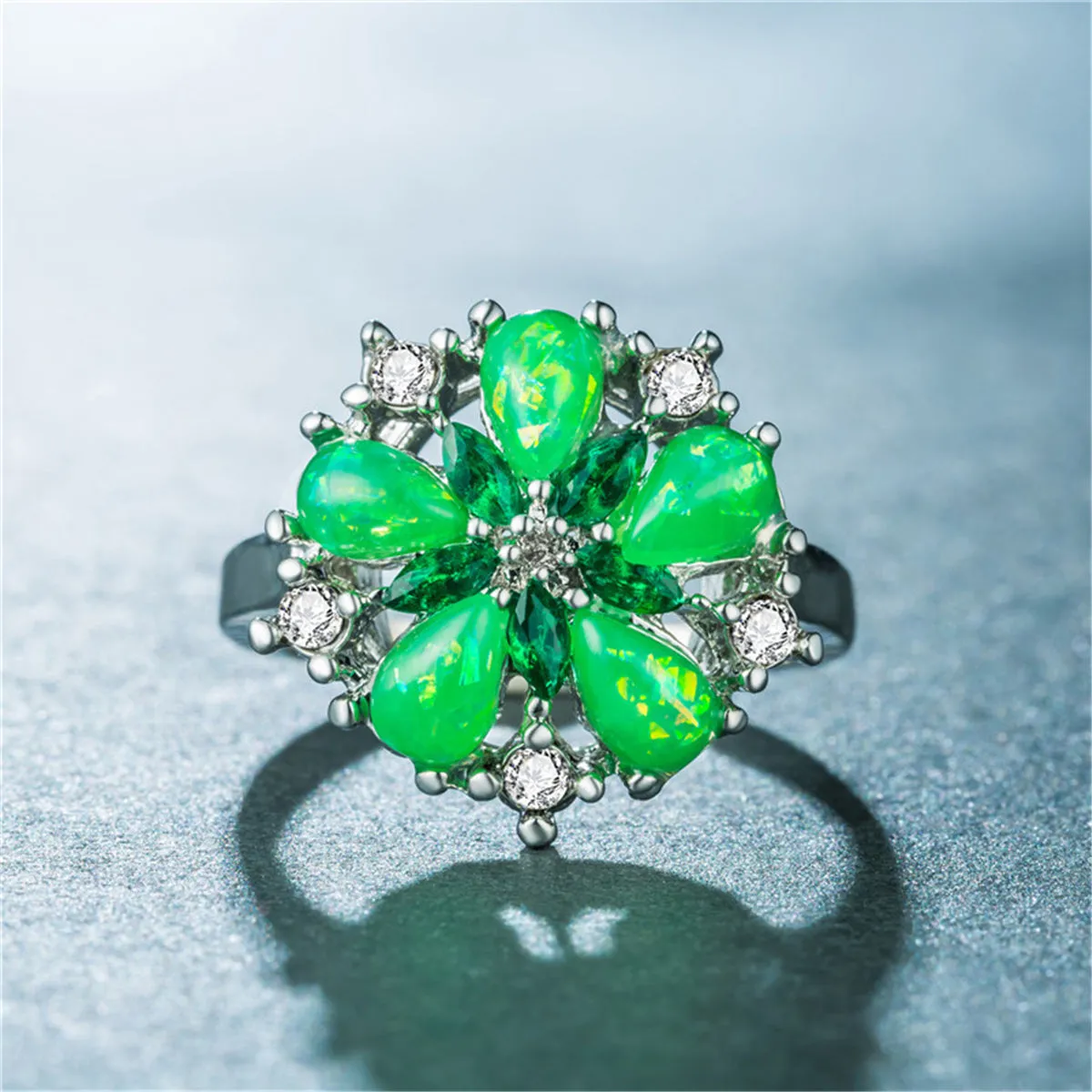 Green Opal & Cubic Zirconia Sunflower Ring