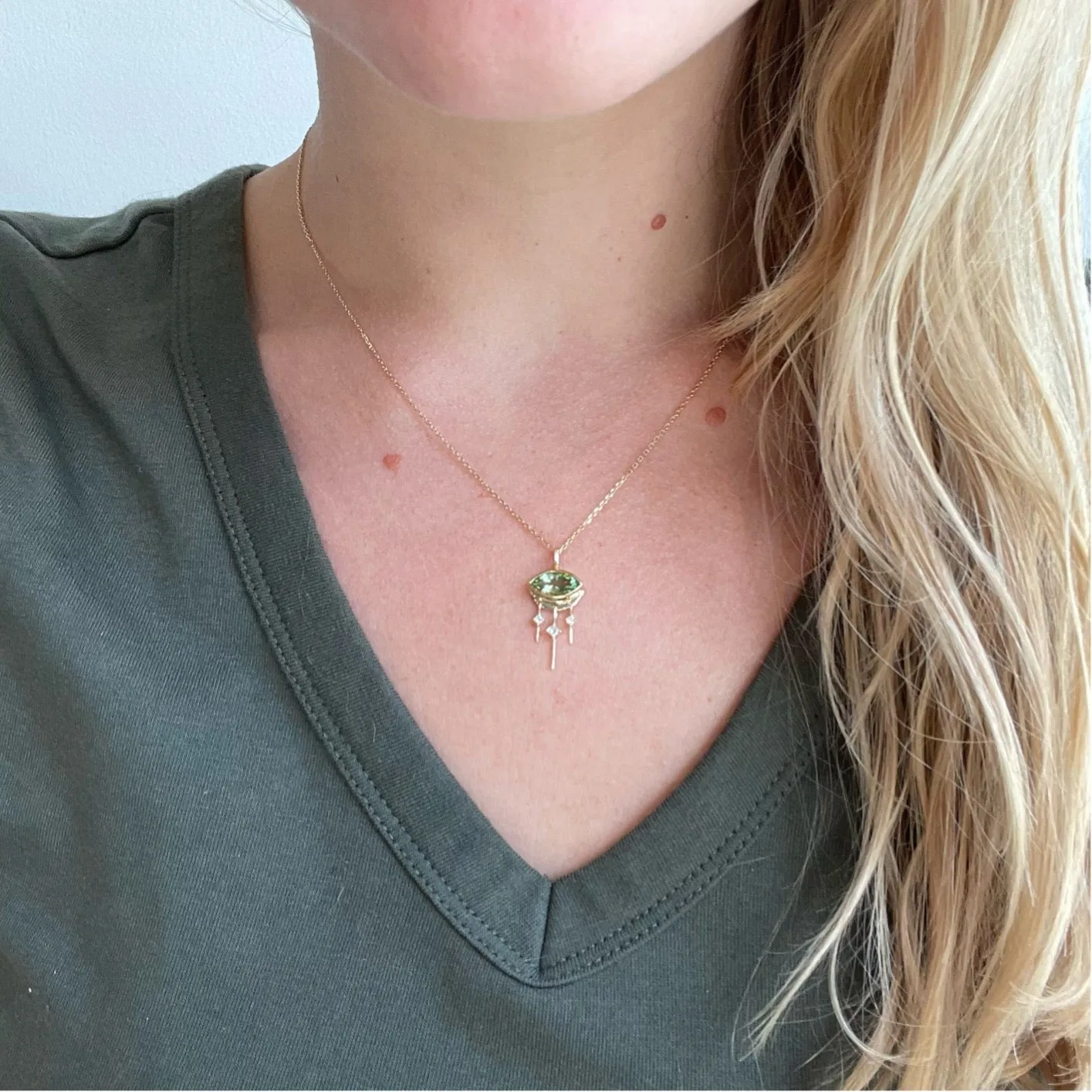 Green Tourmaline Marquis Eye   Moon Necklace