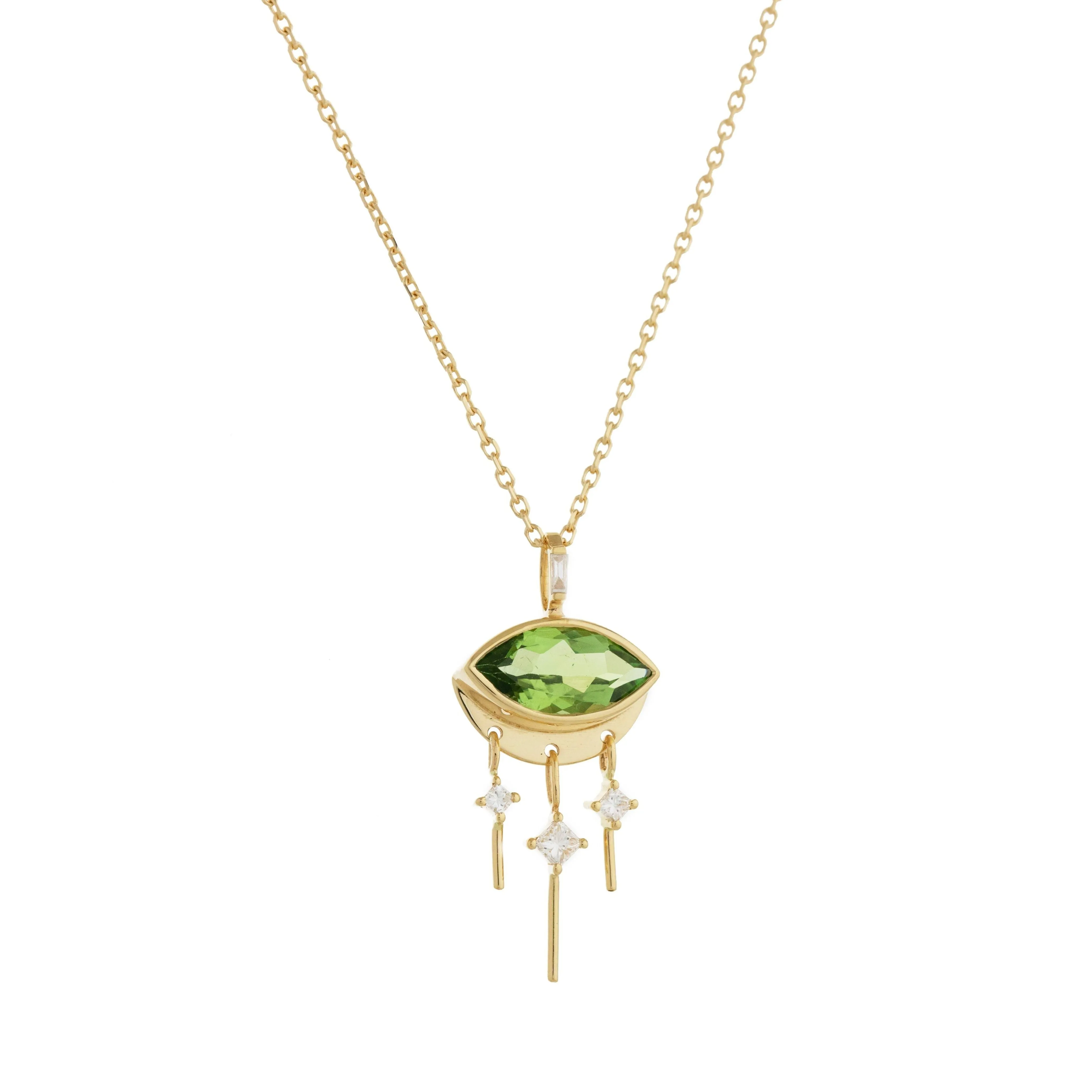 Green Tourmaline Marquis Eye   Moon Necklace