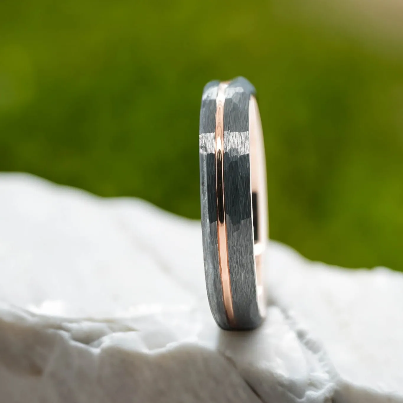 Hammered Silver Band / Rose Gold Stripe - 4mm
