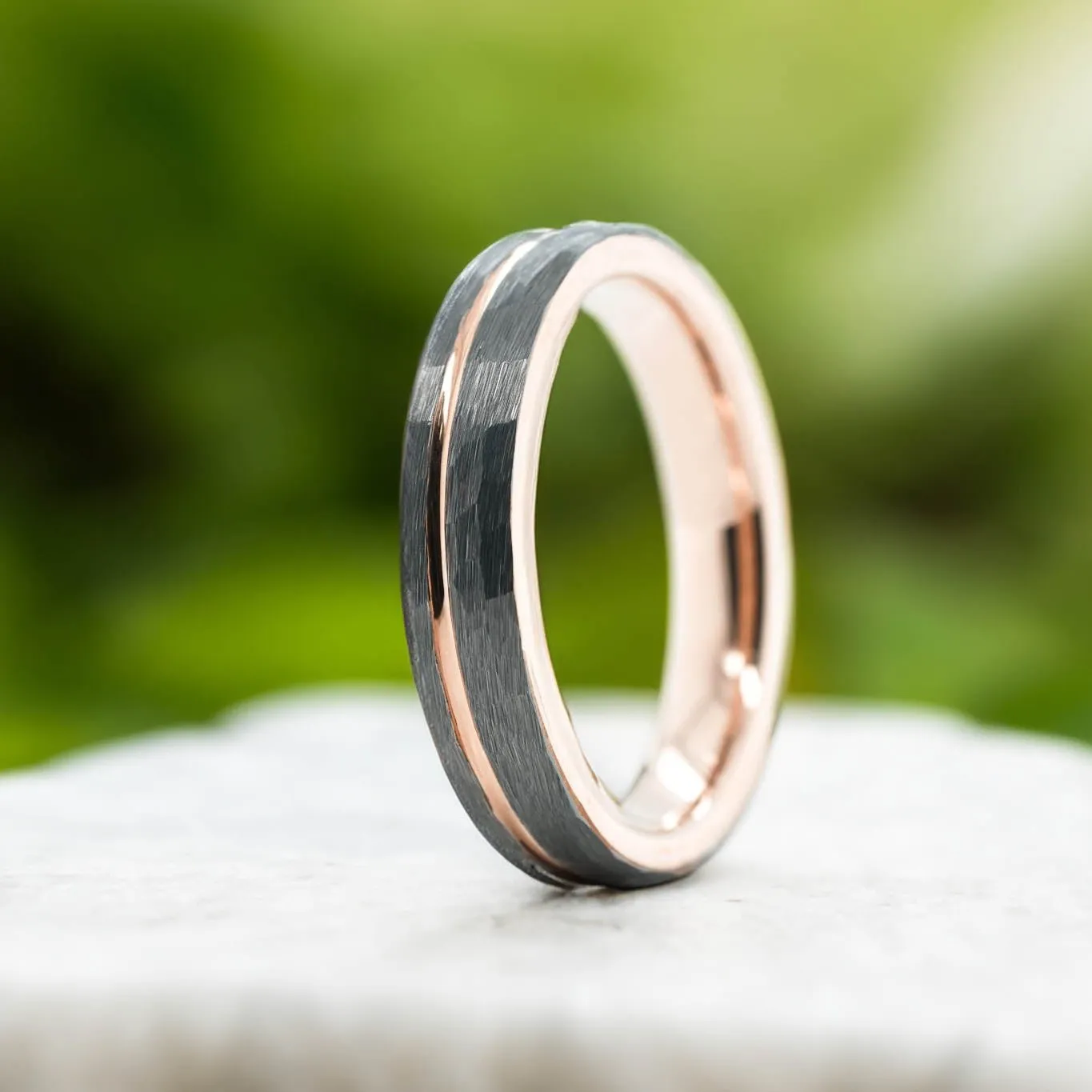 Hammered Silver Band / Rose Gold Stripe - 4mm