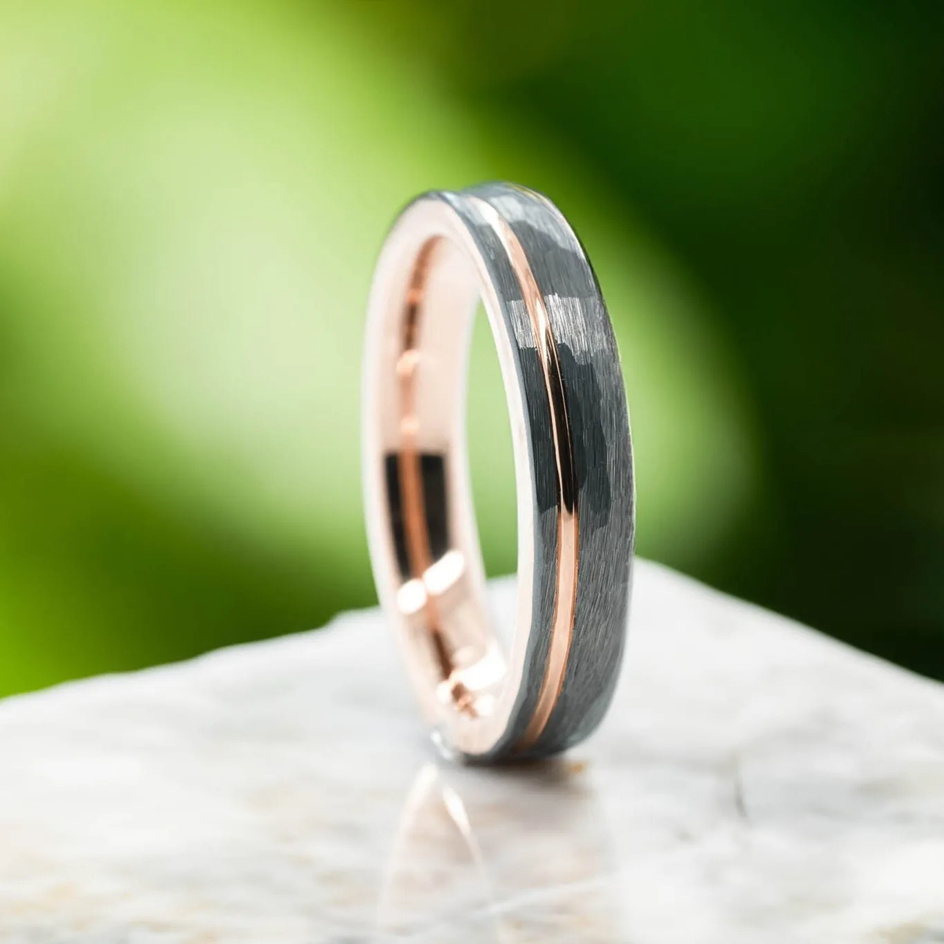 Hammered Silver Band / Rose Gold Stripe - 4mm