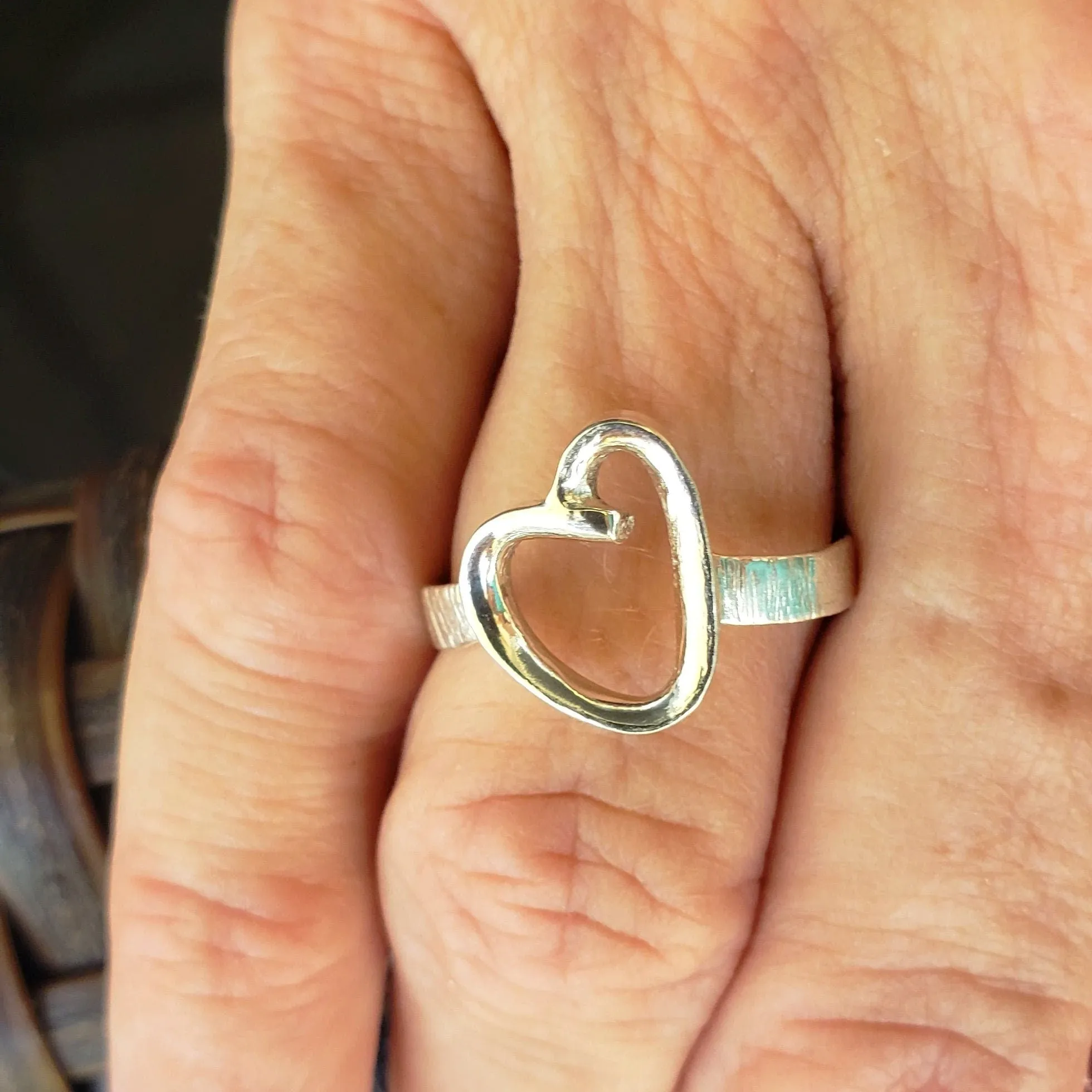 Handmade .925 Sterling Silver Heart Ring | Hammered Textured Band & Smooth Heart Design