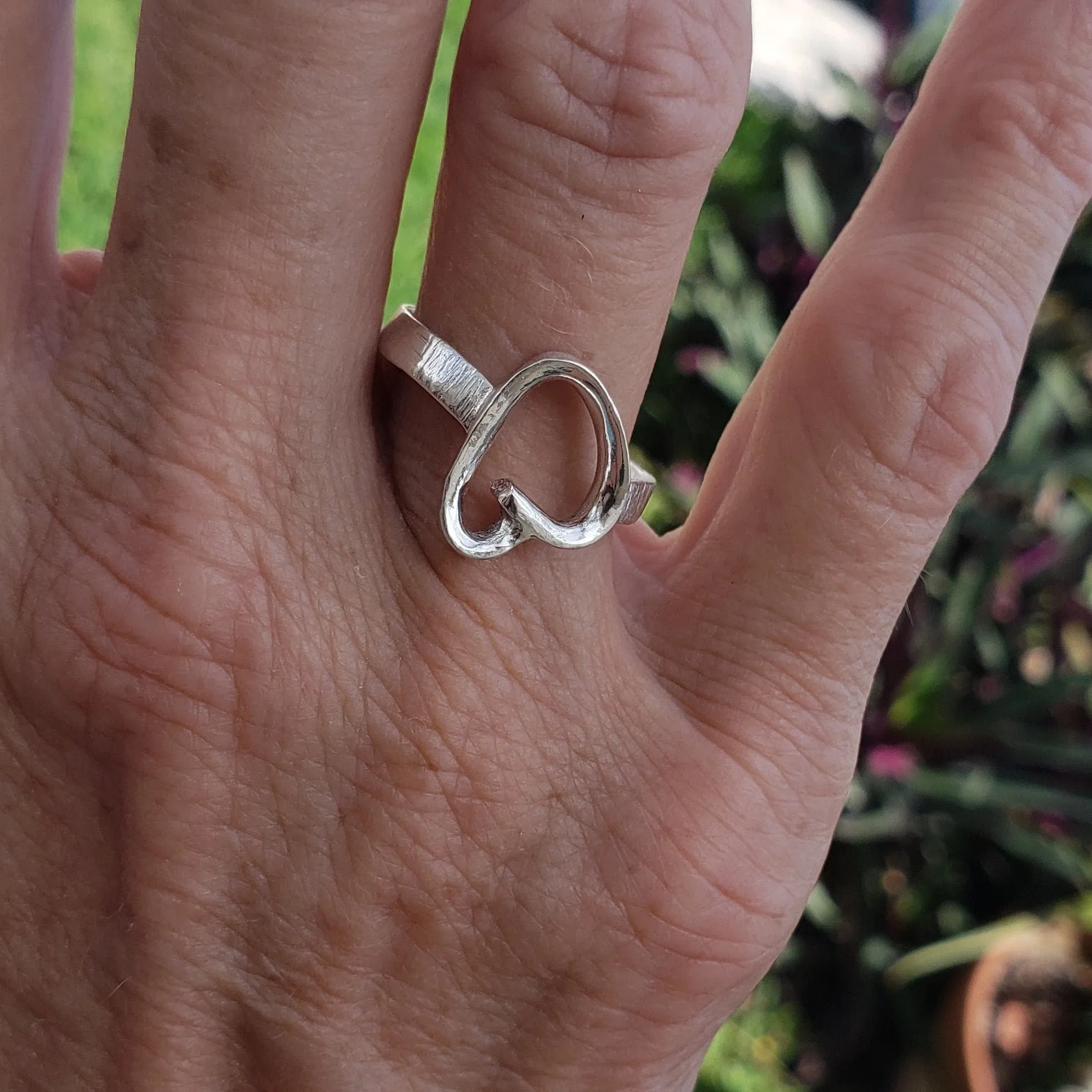 Handmade .925 Sterling Silver Heart Ring | Hammered Textured Band & Smooth Heart Design