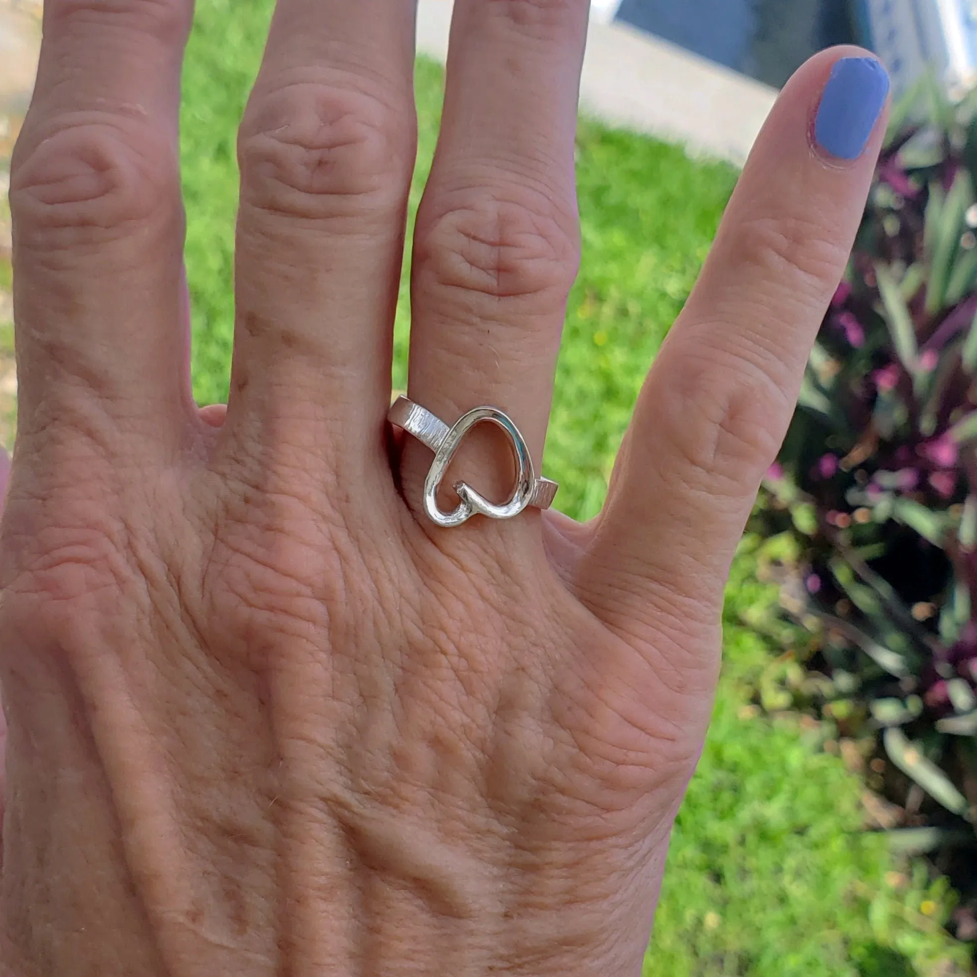 Handmade .925 Sterling Silver Heart Ring | Hammered Textured Band & Smooth Heart Design
