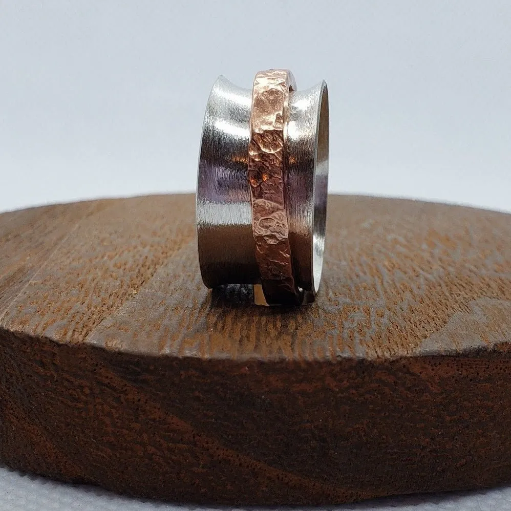 Handmade .925 Sterling Silver Spinner Ring with Copper Hammered Outer Ring | Boho Jewelry