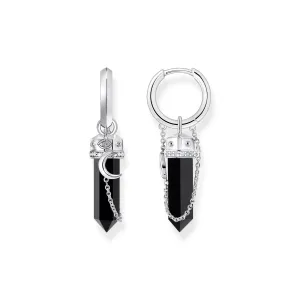 Hoop earrings with onyx in hexagon-shape and small chain