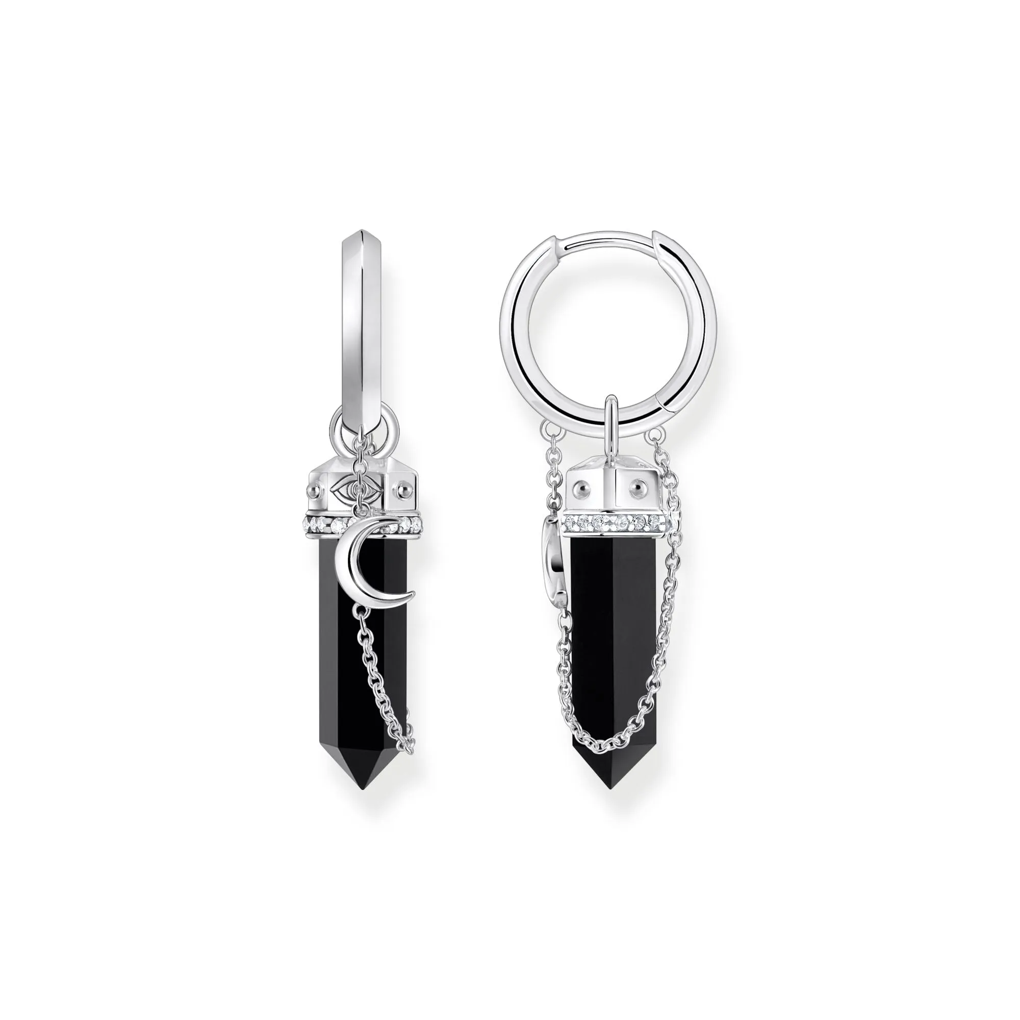 Hoop earrings with onyx in hexagon-shape and small chain