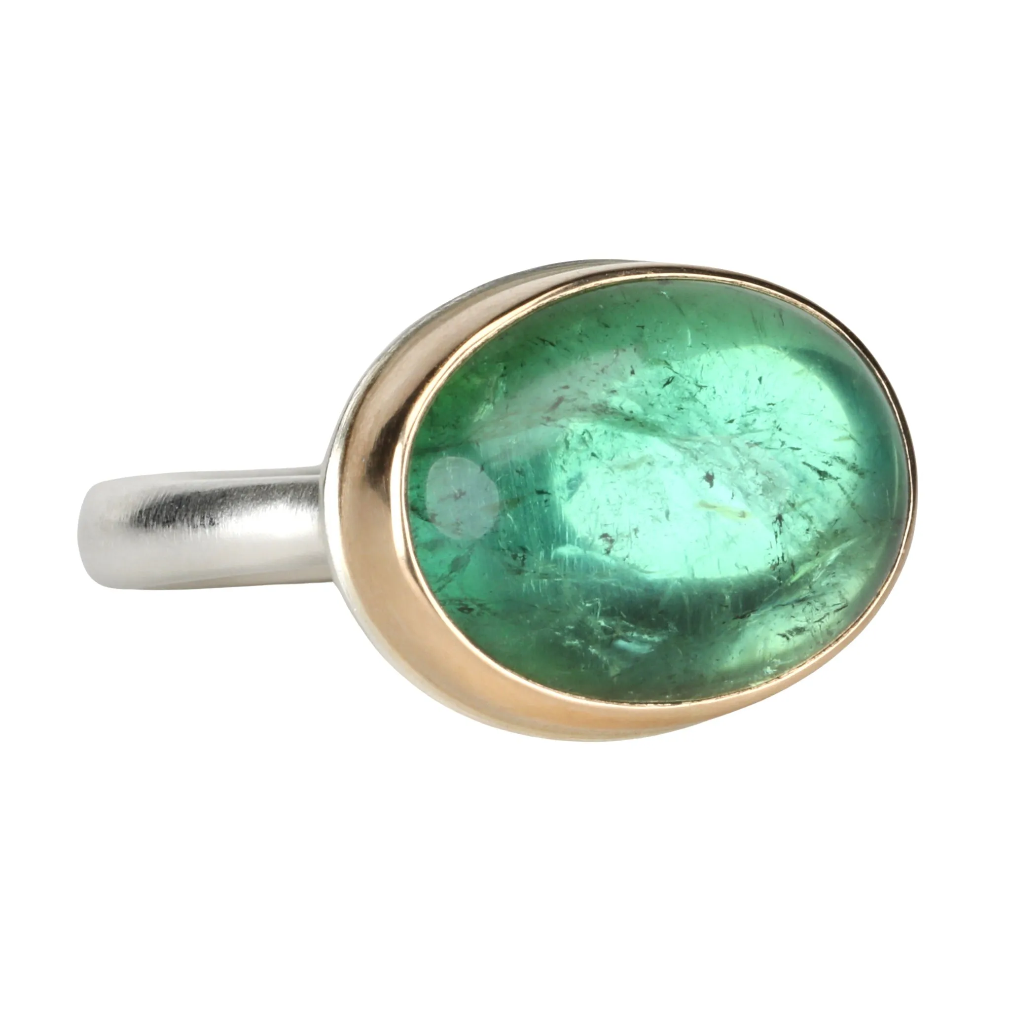 Horizontal Oval Smooth Green Tourmaline Ring