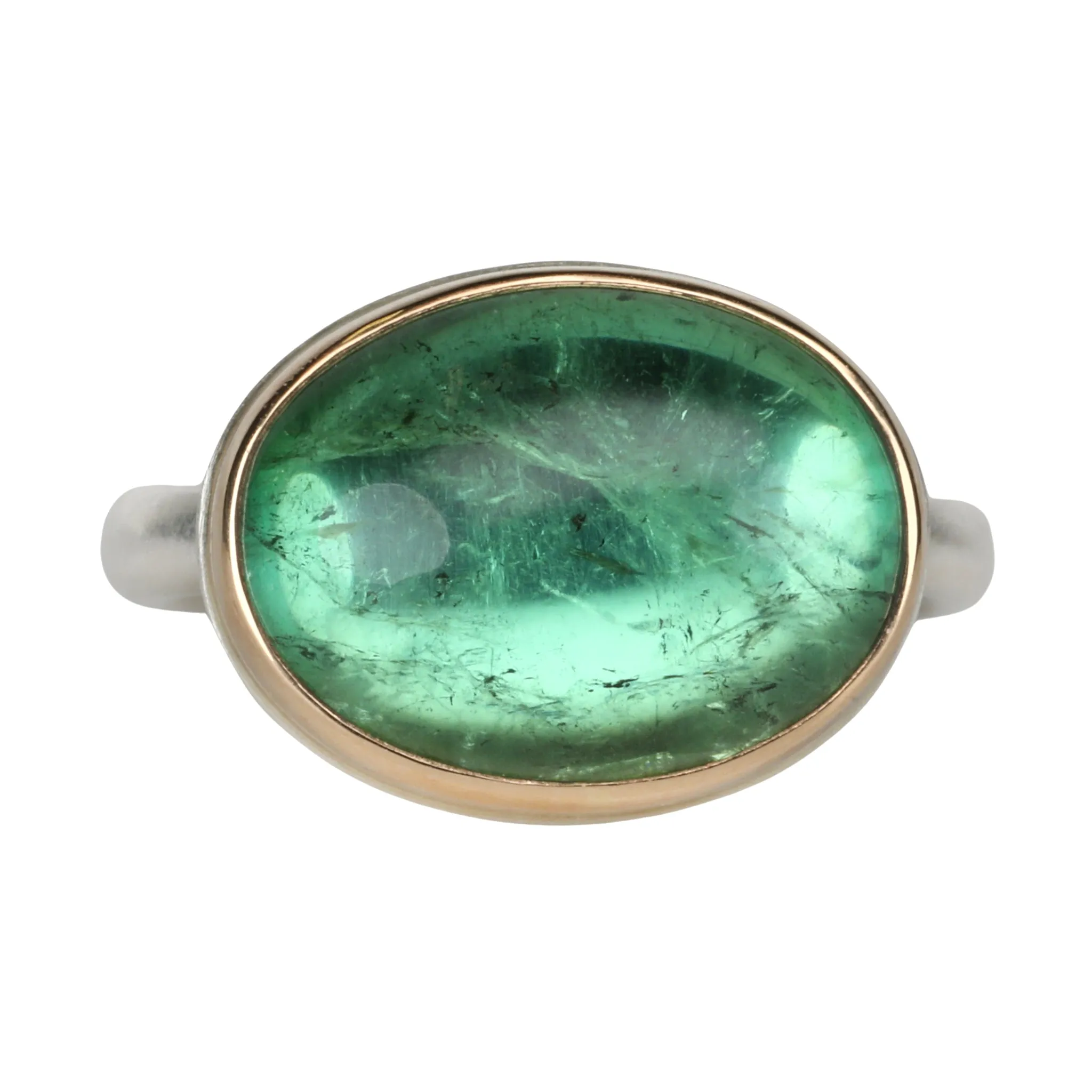 Horizontal Oval Smooth Green Tourmaline Ring