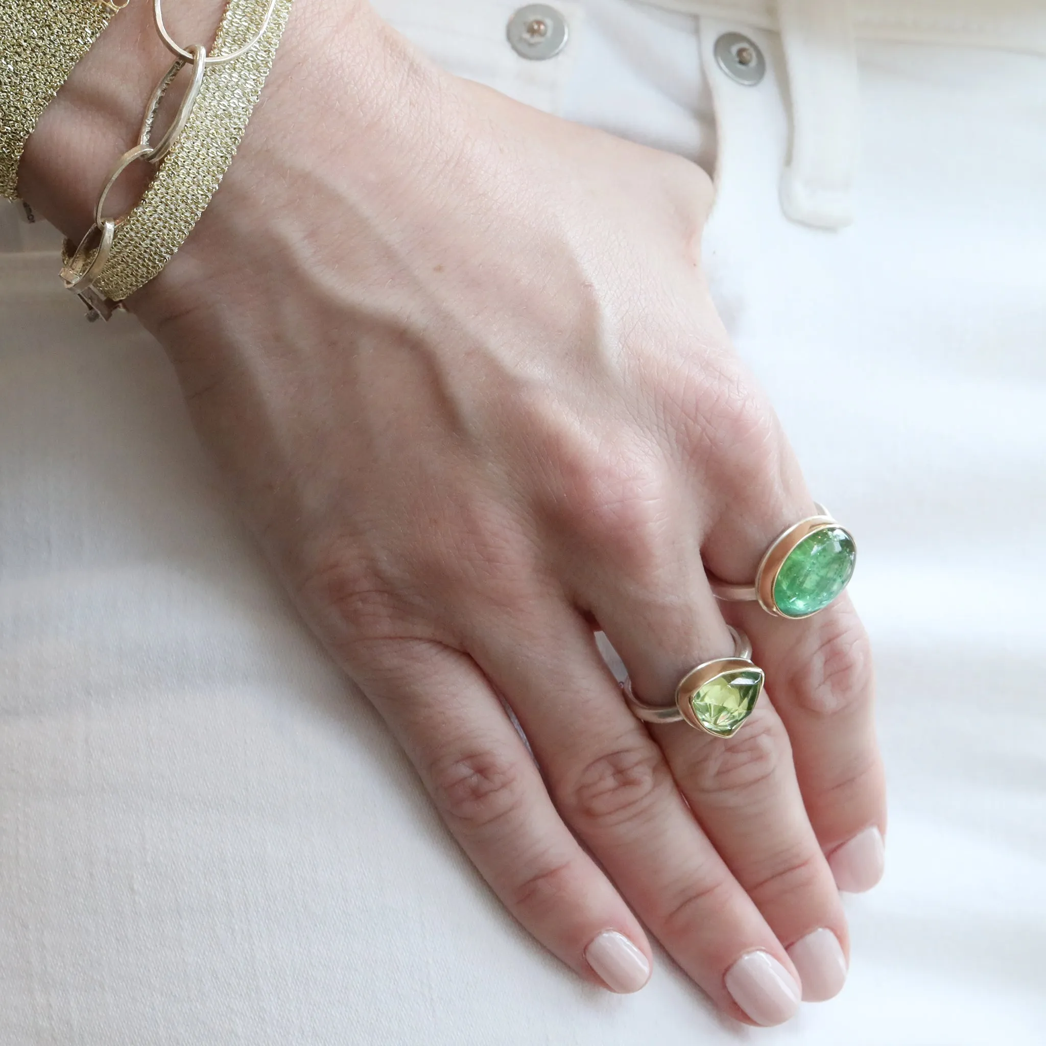 Horizontal Oval Smooth Green Tourmaline Ring
