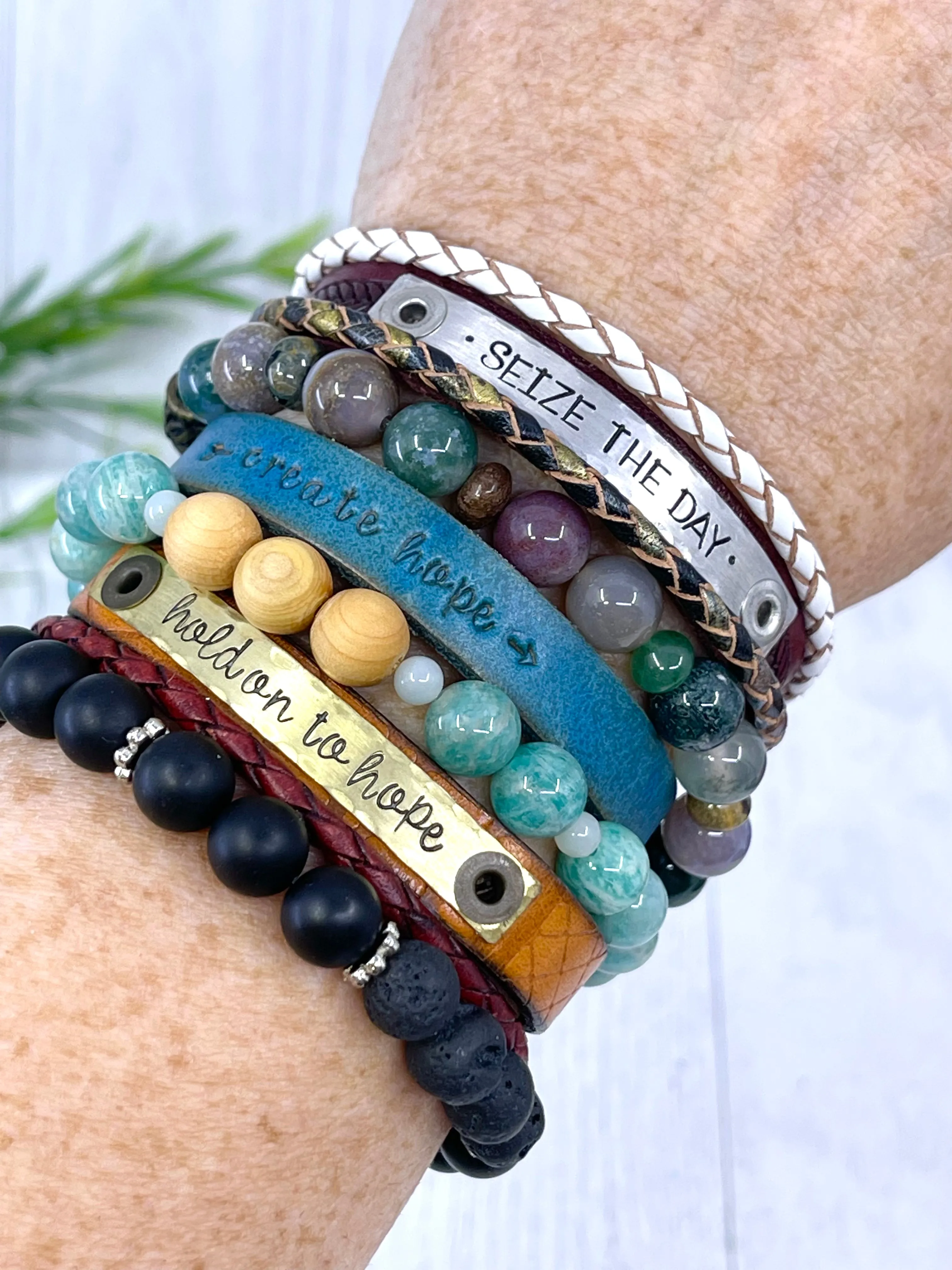 Indian Agate Stone Bead | PEACE charm Bracelet | Stretchy | Women