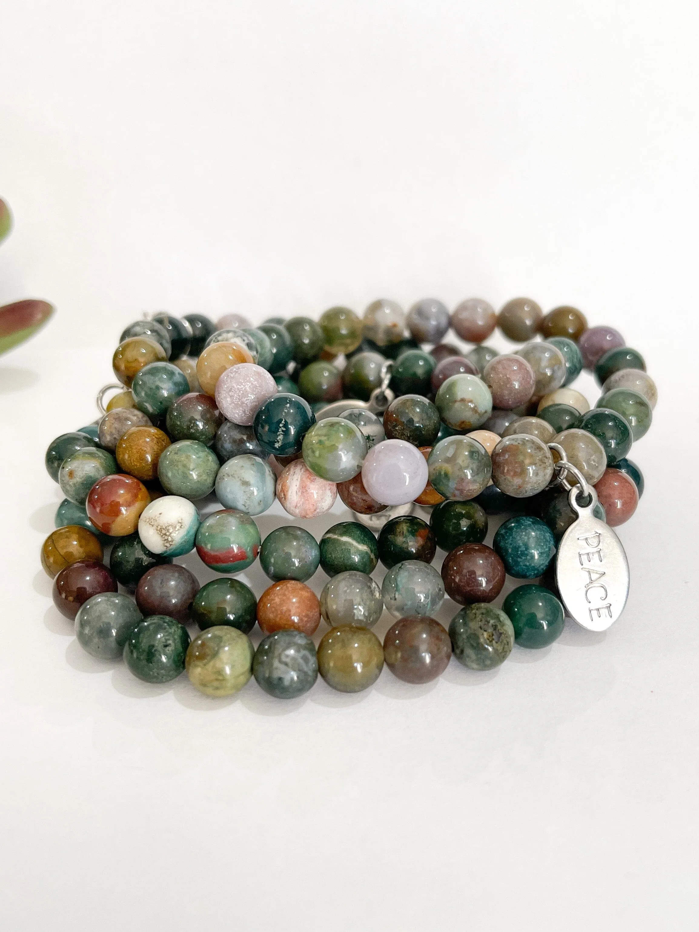 Indian Agate Stone Bead | PEACE charm Bracelet | Stretchy | Women