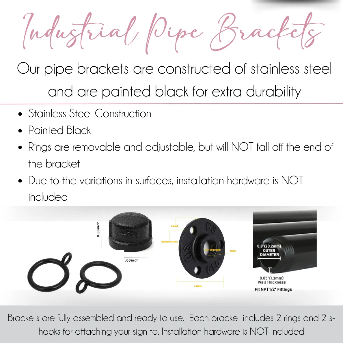 Industrial Pipe Bracket with Adjustable Rings for Custom Signage- 1/2" x 42"- BRACKET ONLY