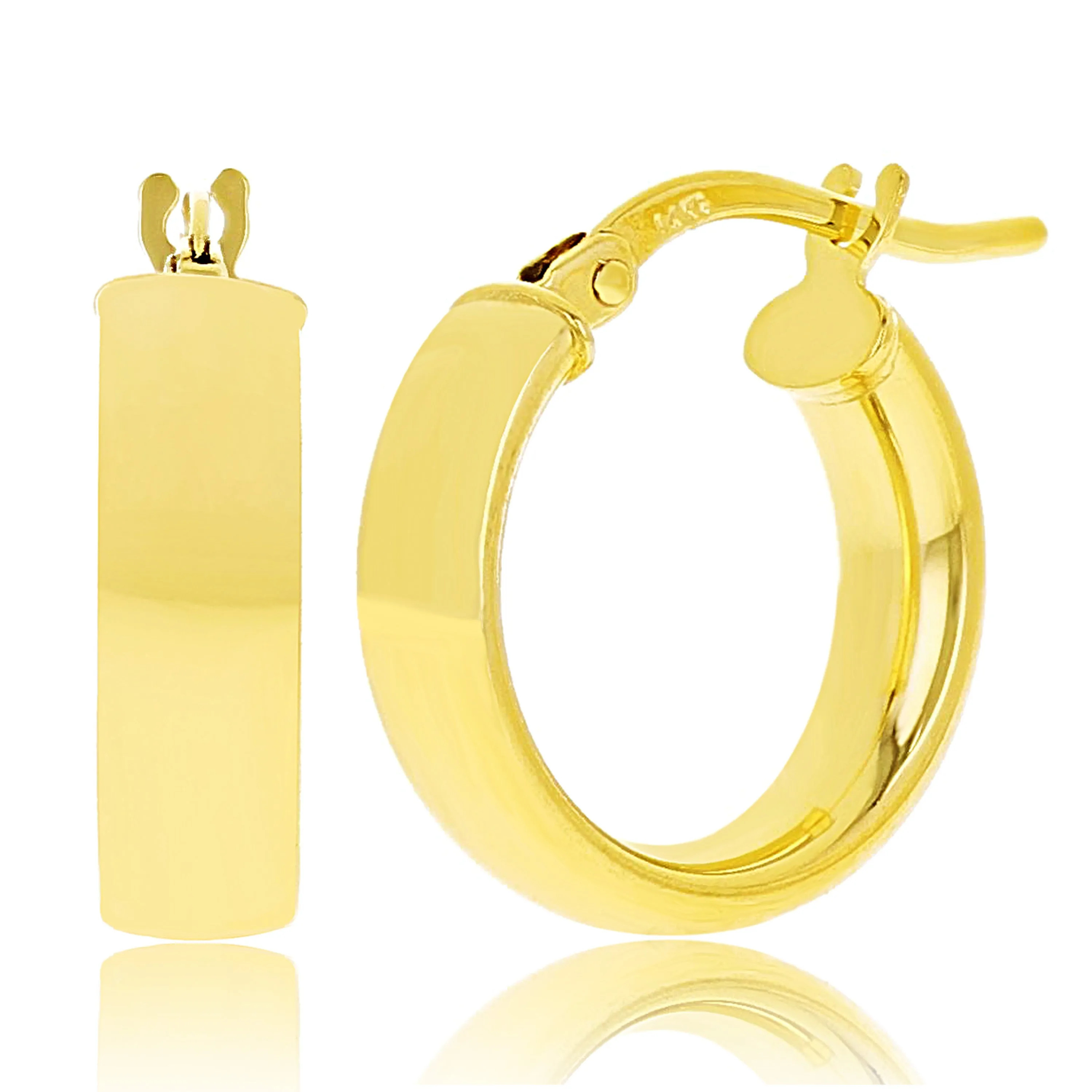 Italian 14k Yellow Gold Rounded Flat Tube Small Hollow Hoop Earrings 15.5mm x 4mm