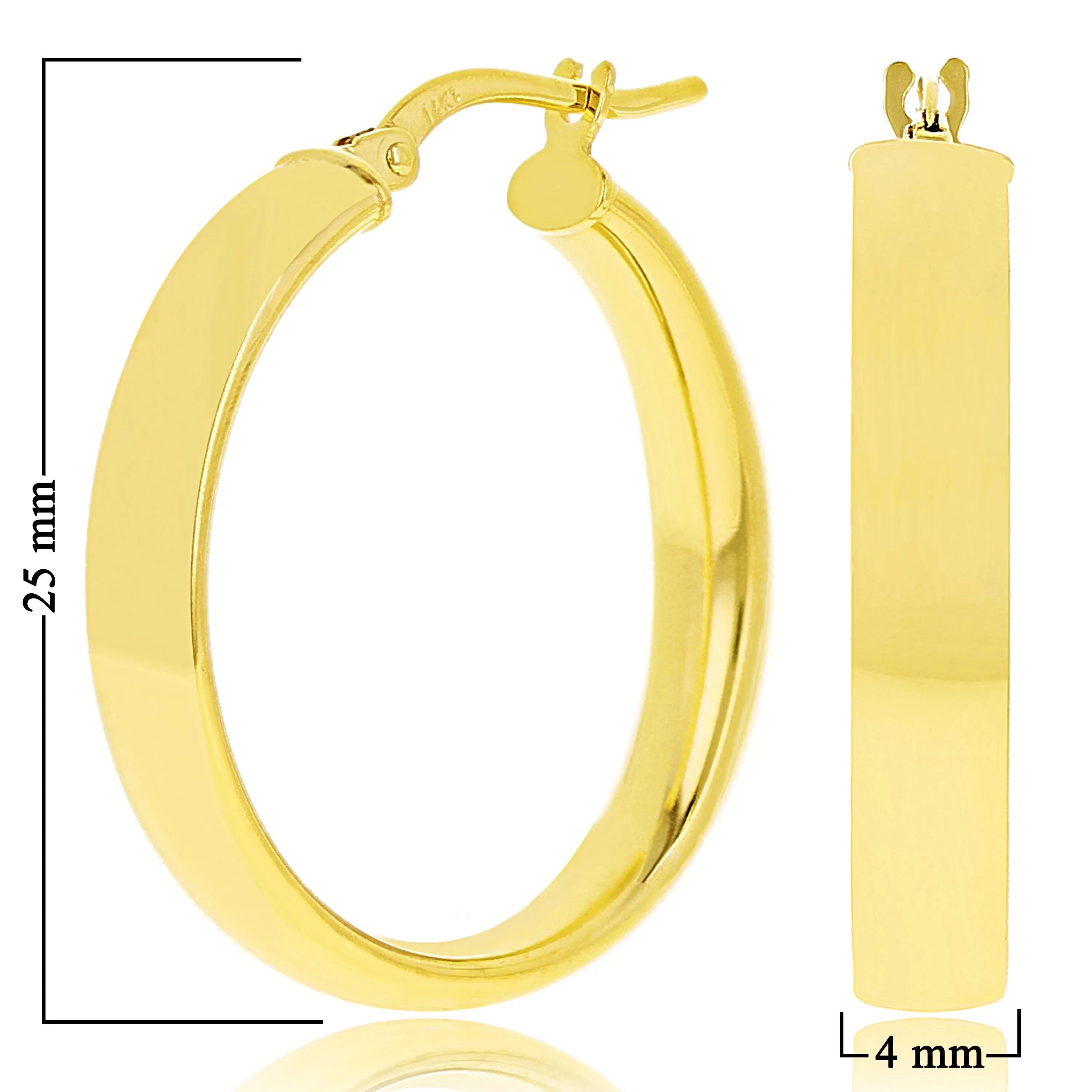 Italian 14k Yellow Gold Rounded Flat Tube Small Hollow Hoop Earrings 15.5mm x 4mm