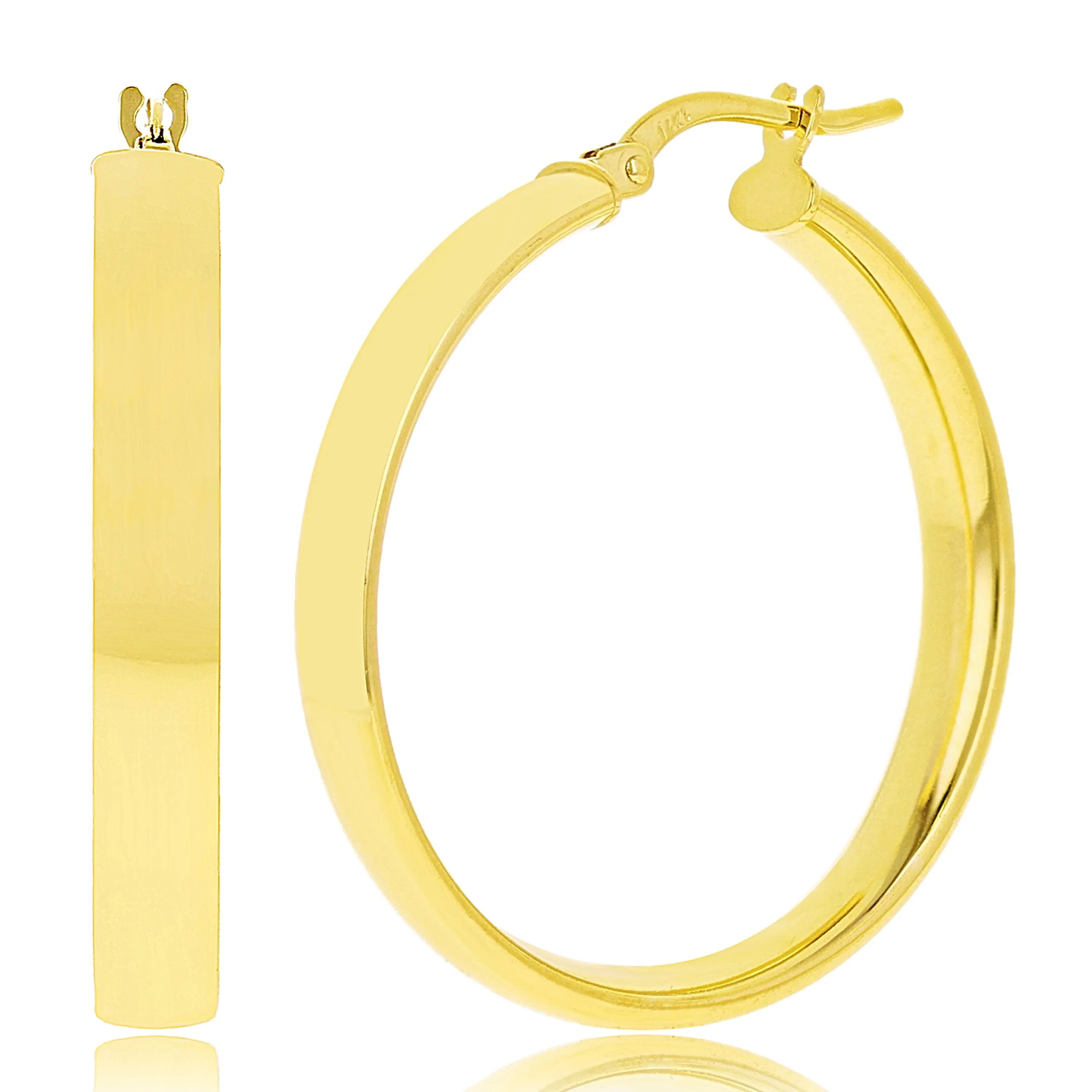 Italian 14k Yellow Gold Rounded Flat Tube Small Hollow Hoop Earrings 15.5mm x 4mm