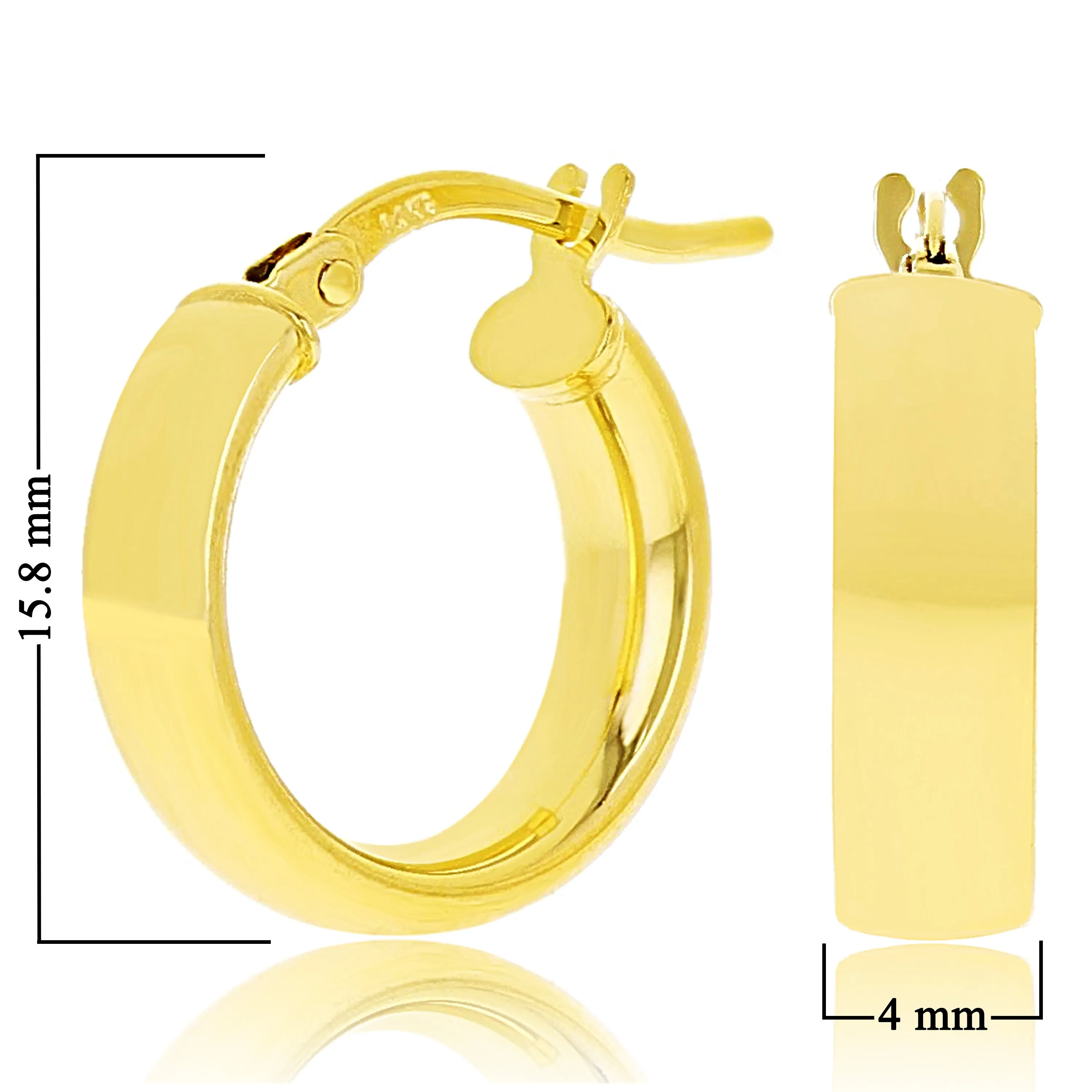 Italian 14k Yellow Gold Rounded Flat Tube Small Hollow Hoop Earrings 15.5mm x 4mm