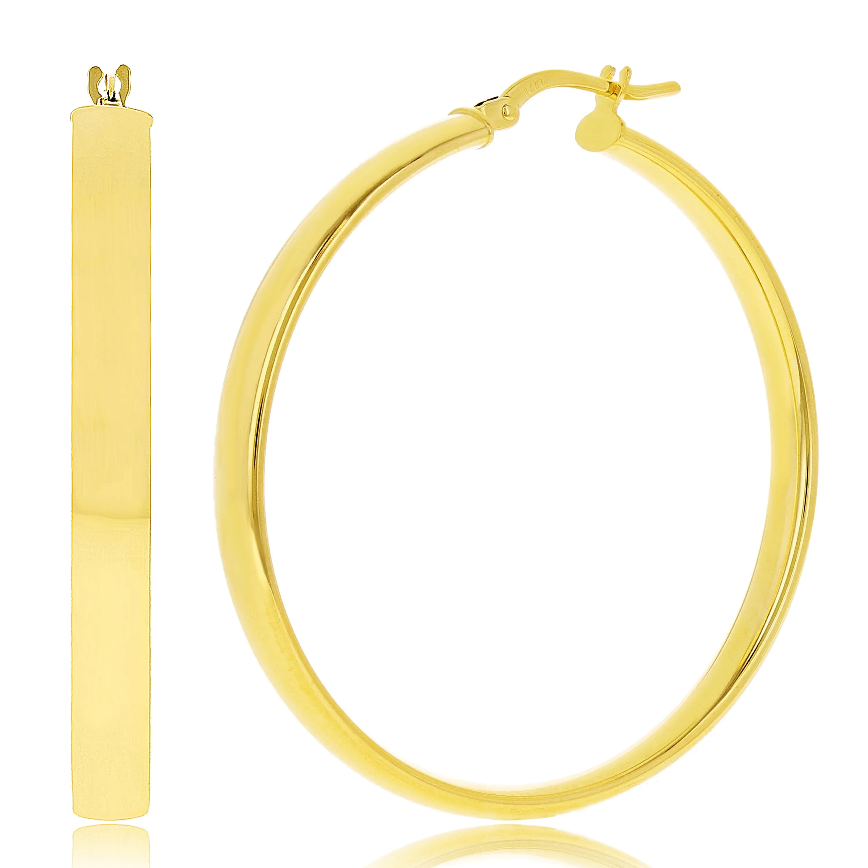 Italian 14k Yellow Gold Rounded Flat Tube Small Hollow Hoop Earrings 15.5mm x 4mm