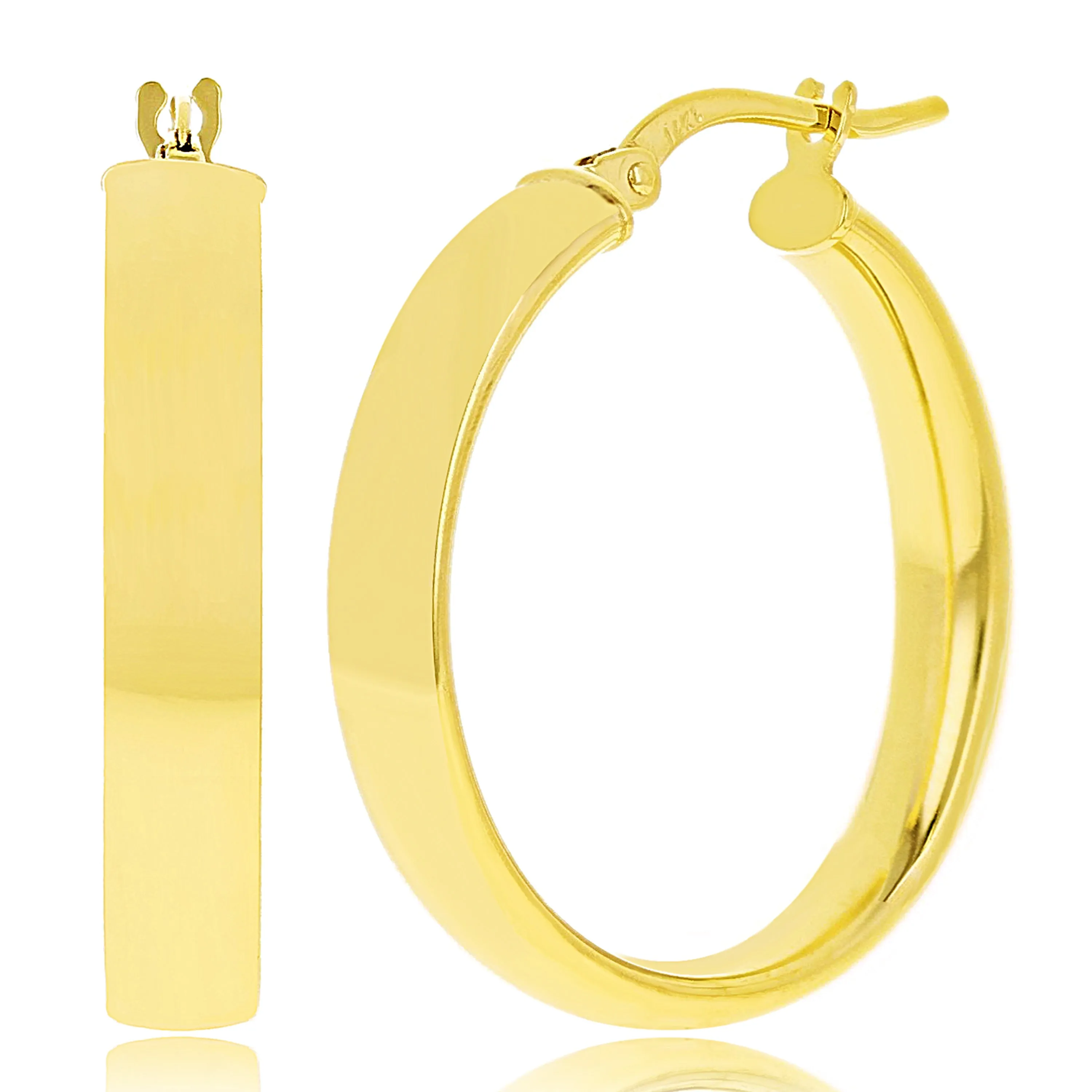 Italian 14k Yellow Gold Rounded Flat Tube Small Hollow Hoop Earrings 15.5mm x 4mm