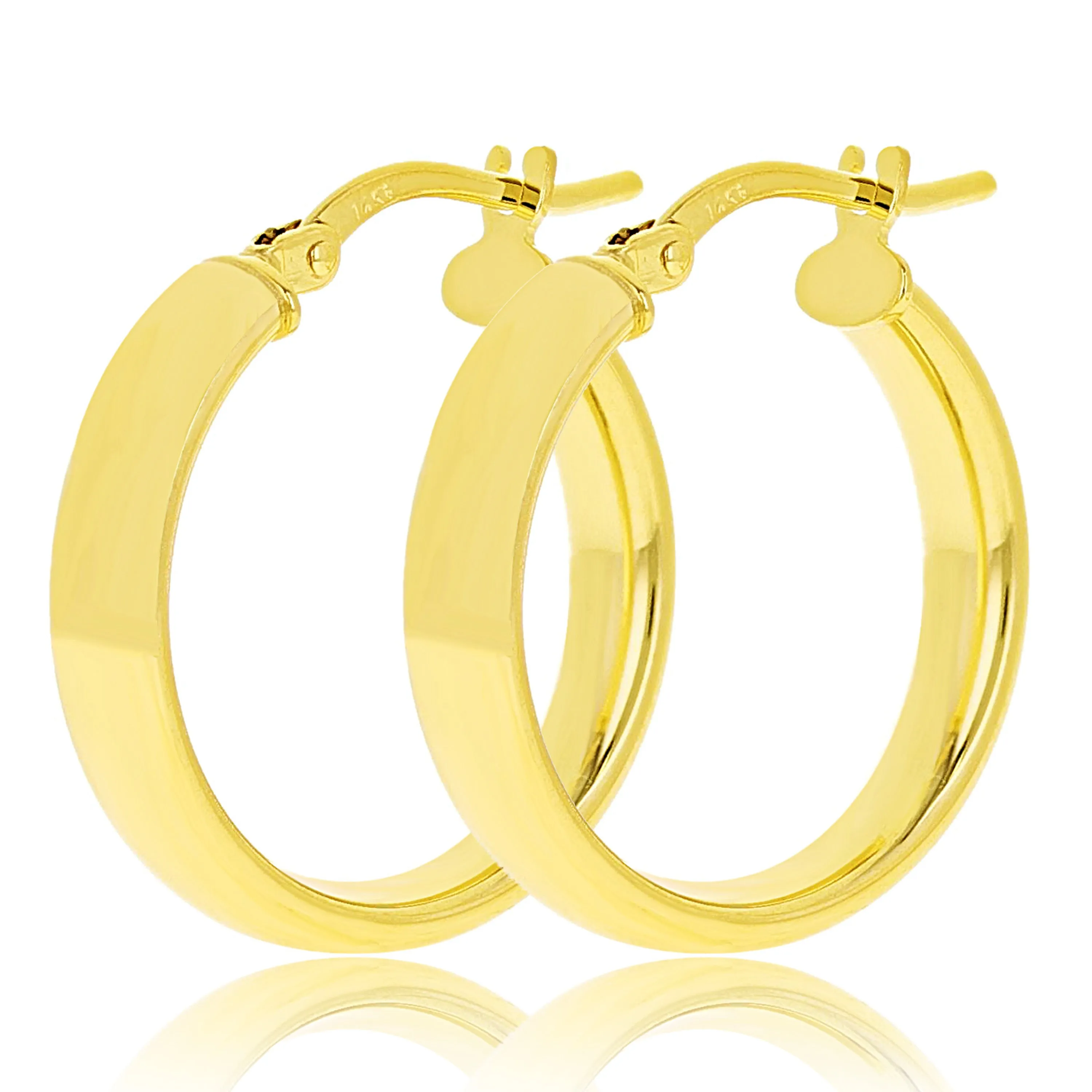 Italian 14k Yellow Gold Rounded Flat Tube Small Hollow Hoop Earrings 15.5mm x 4mm