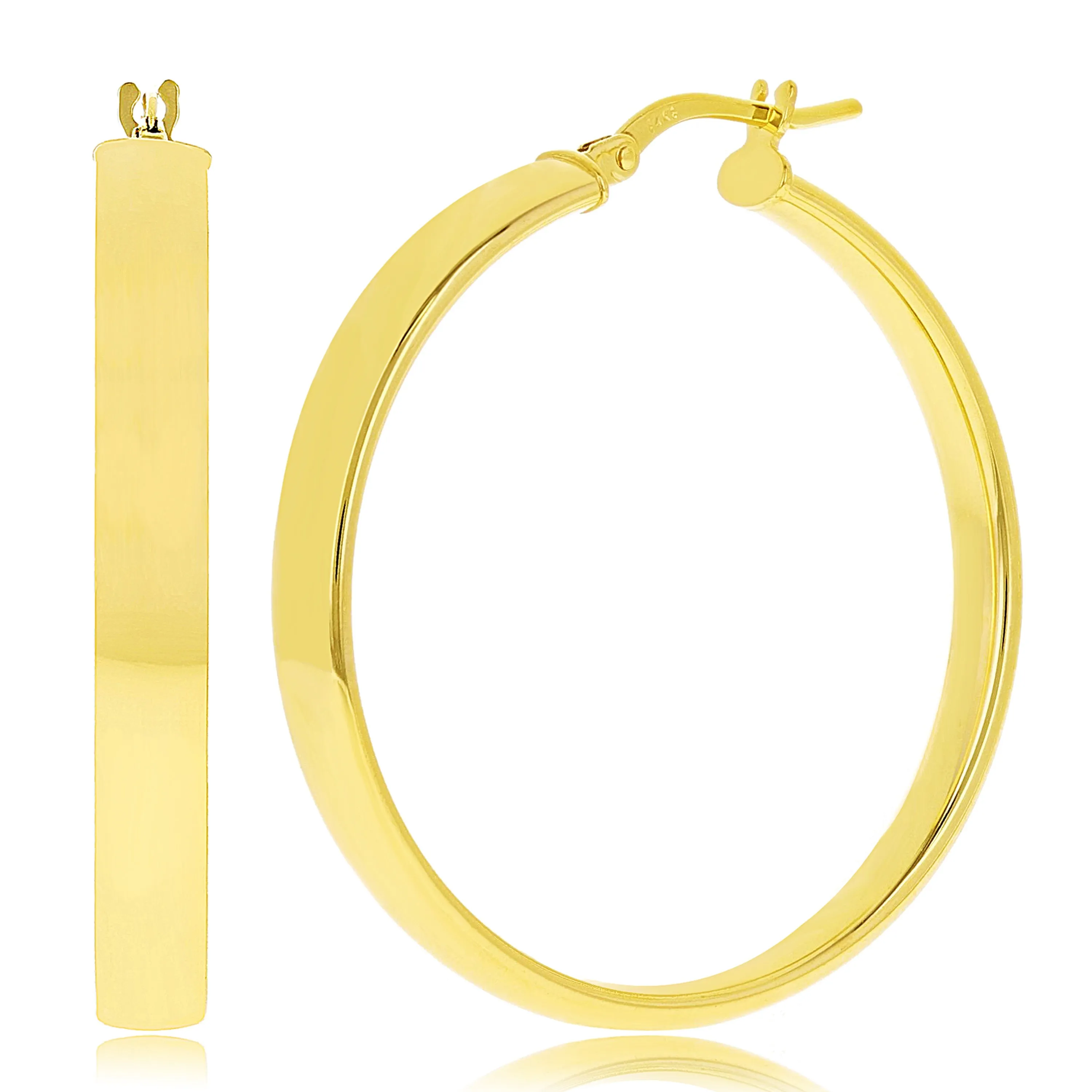 Italian 14k Yellow Gold Rounded Flat Tube Small Hollow Hoop Earrings 15.5mm x 4mm