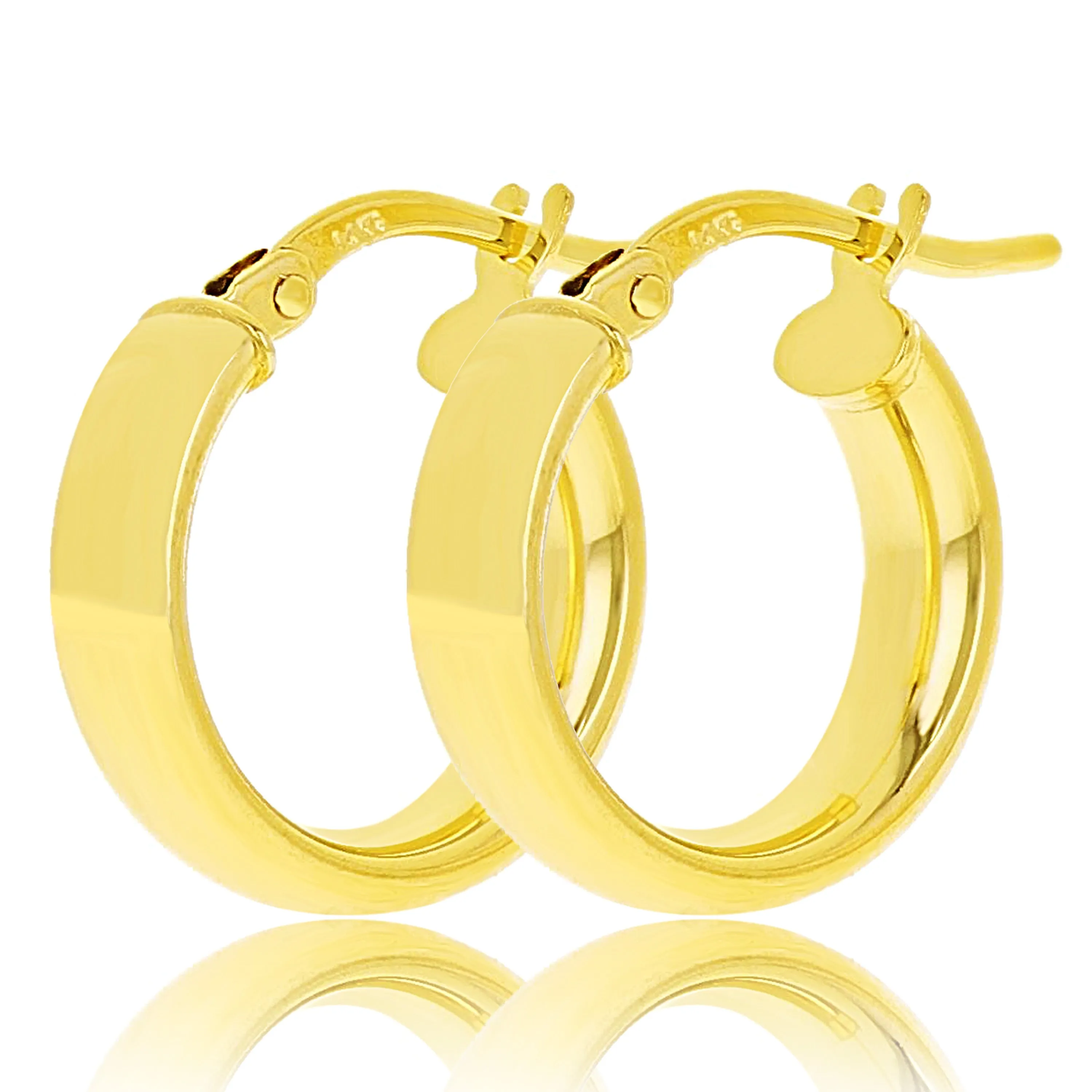 Italian 14k Yellow Gold Rounded Flat Tube Small Hollow Hoop Earrings 15.5mm x 4mm