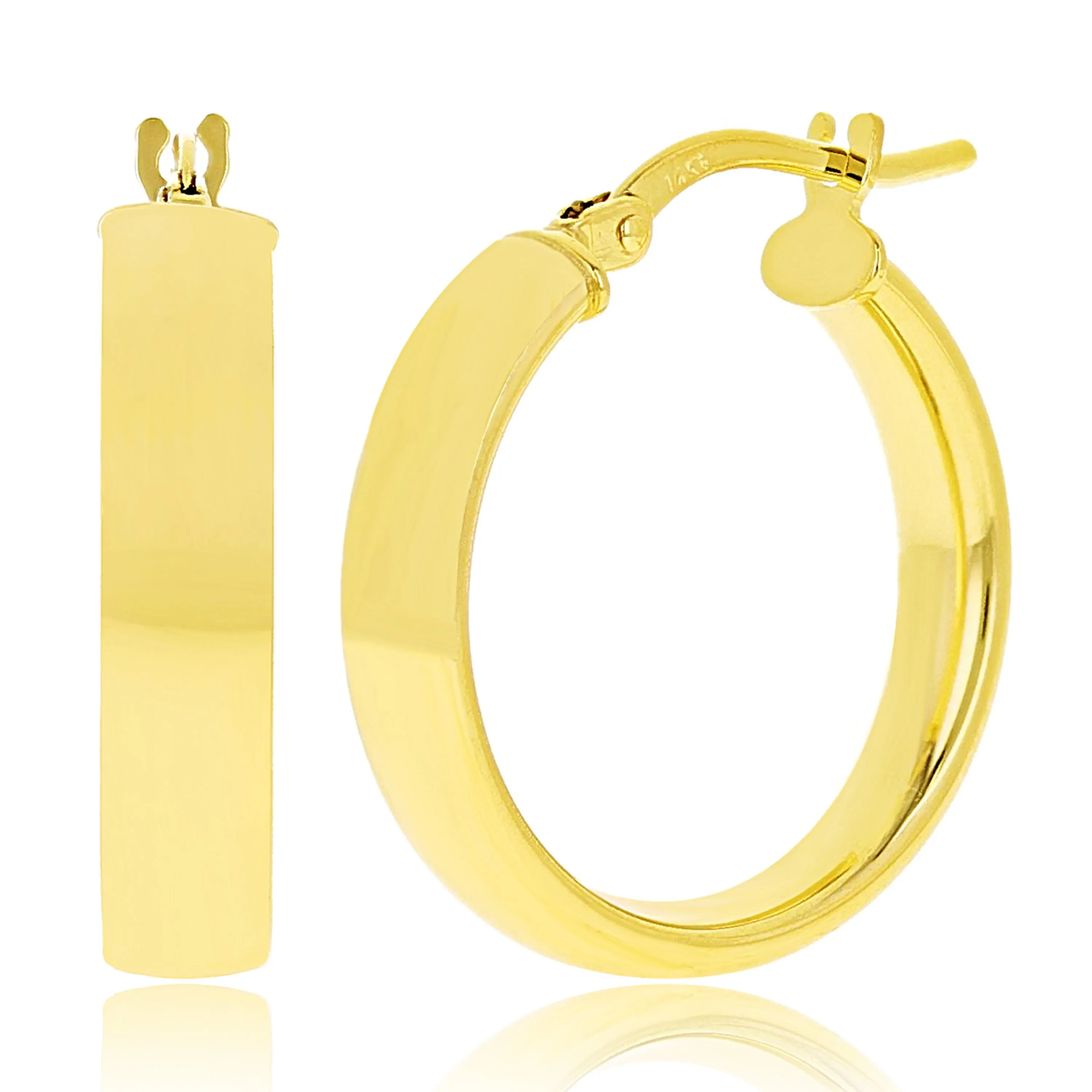 Italian 14k Yellow Gold Rounded Flat Tube Small Hollow Hoop Earrings 15.5mm x 4mm