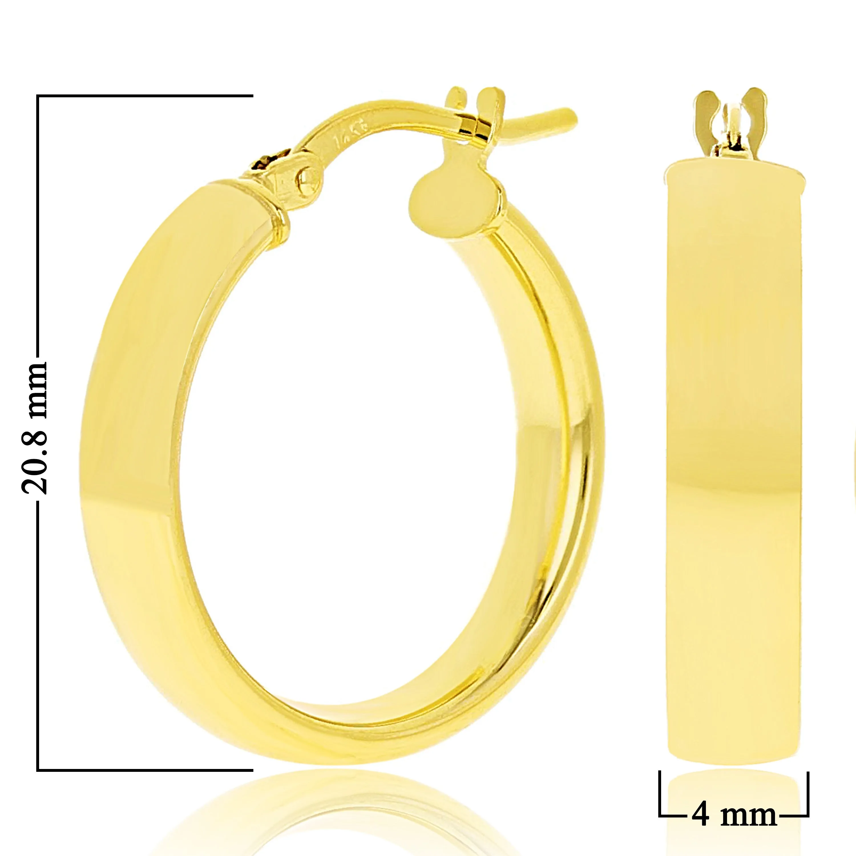 Italian 14k Yellow Gold Rounded Flat Tube Small Hollow Hoop Earrings 15.5mm x 4mm