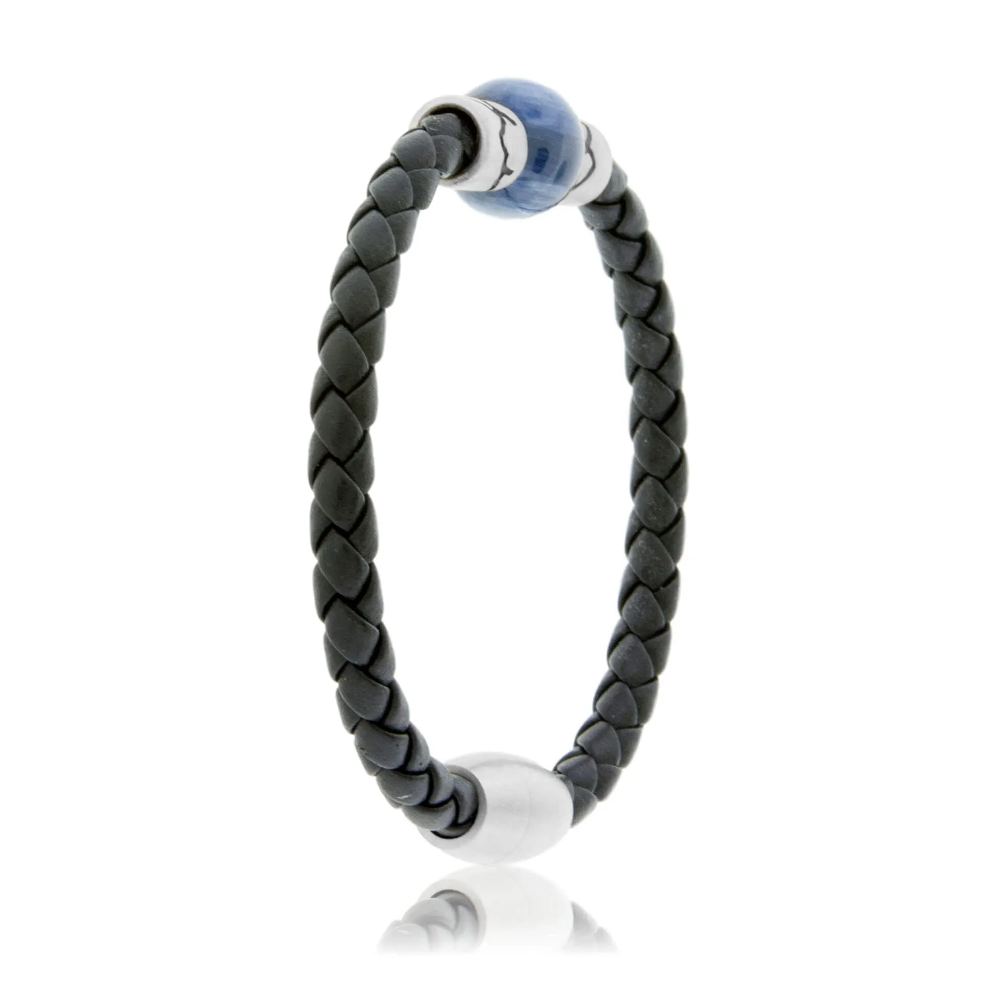 Kyanite & Mountain Bead on Woven Leather Sterling Silver Bracelet