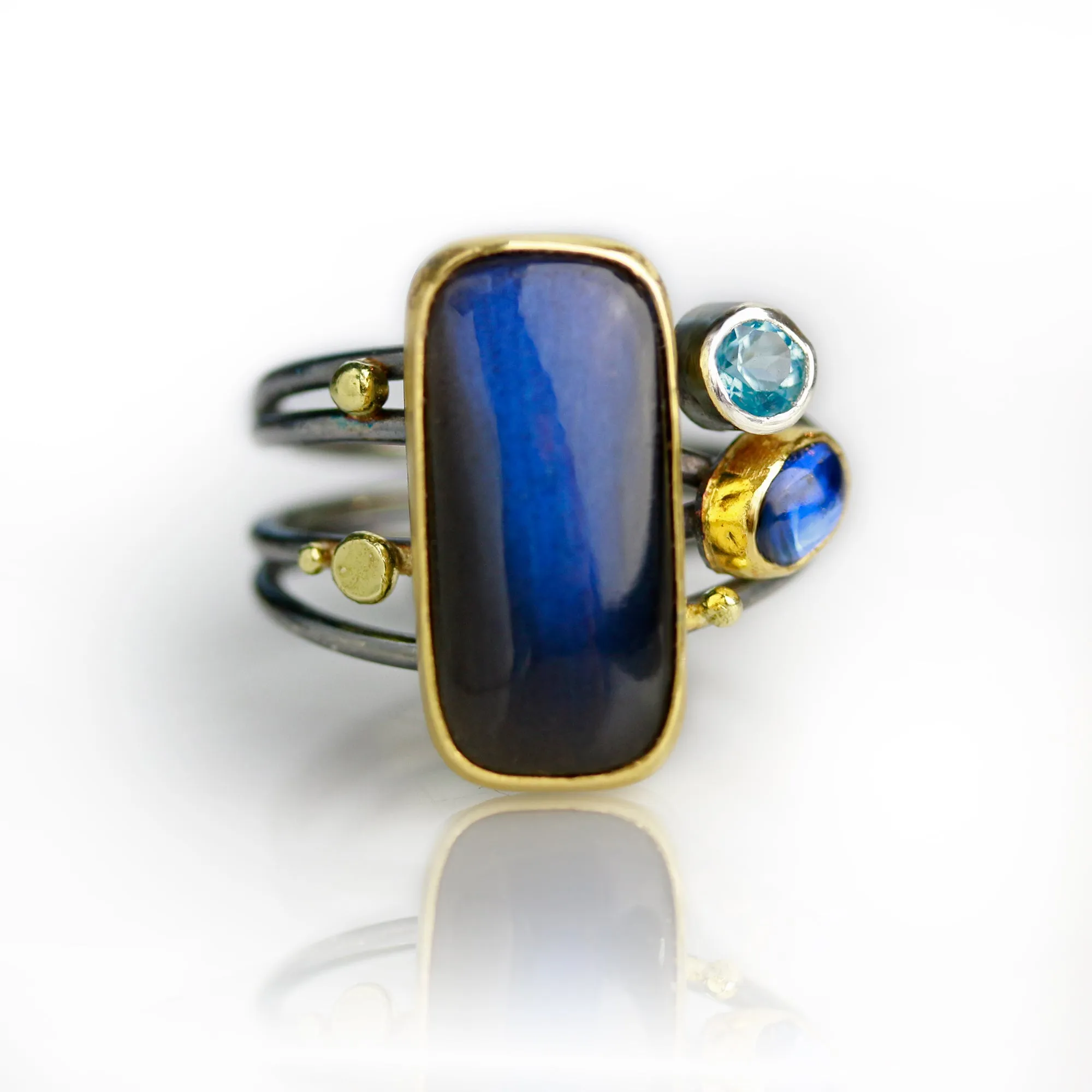 Labradorite, Kyanite and Blue Topaz on Swirled Band Ring. Size 7 1/2.