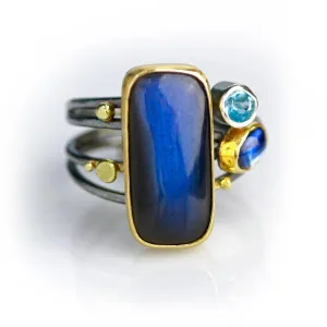 Labradorite, Kyanite and Blue Topaz on Swirled Band Ring. Size 7 1/2.
