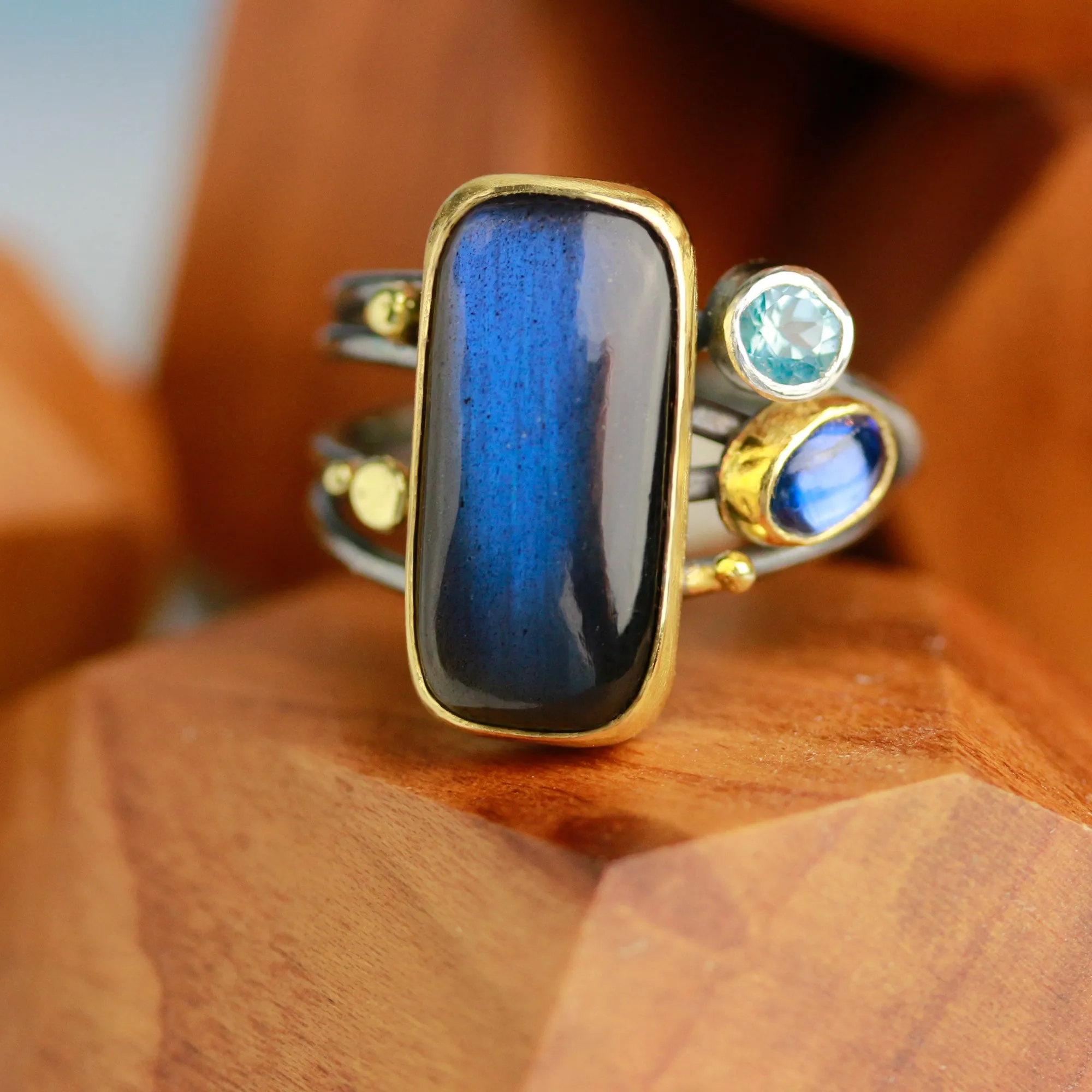 Labradorite, Kyanite and Blue Topaz on Swirled Band Ring. Size 7 1/2.
