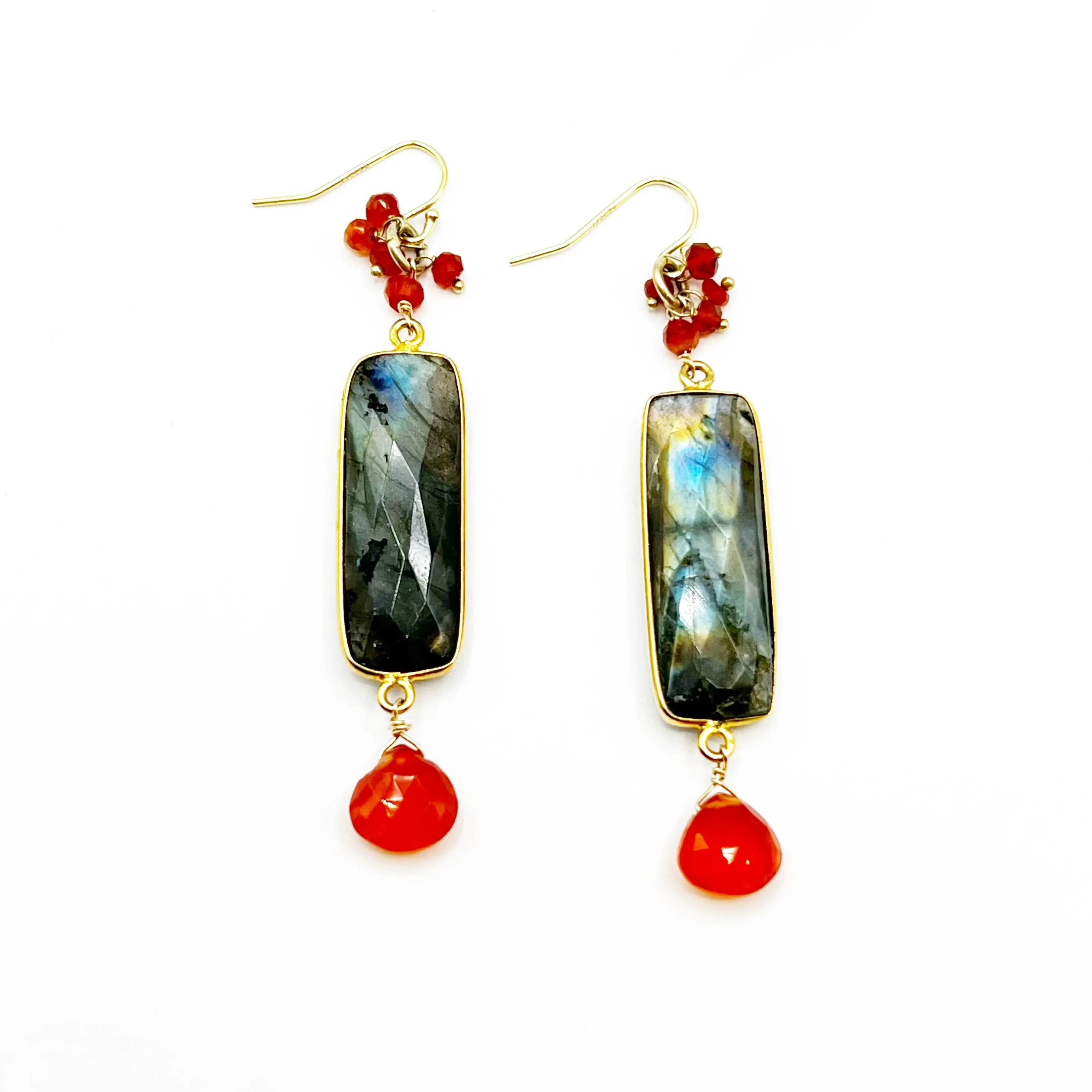 Labradorite Rectangles with Carnelian Drops Earrings