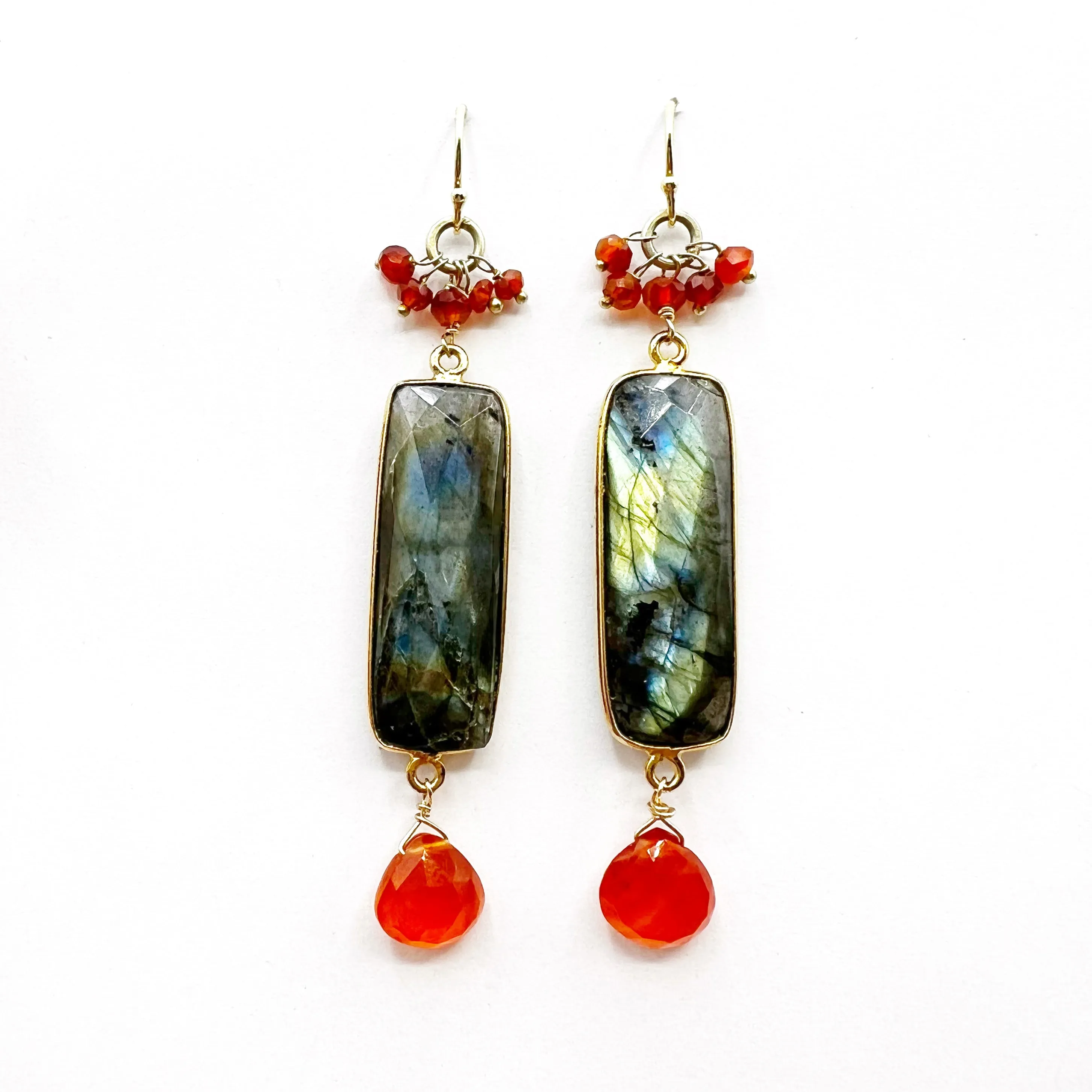Labradorite Rectangles with Carnelian Drops Earrings