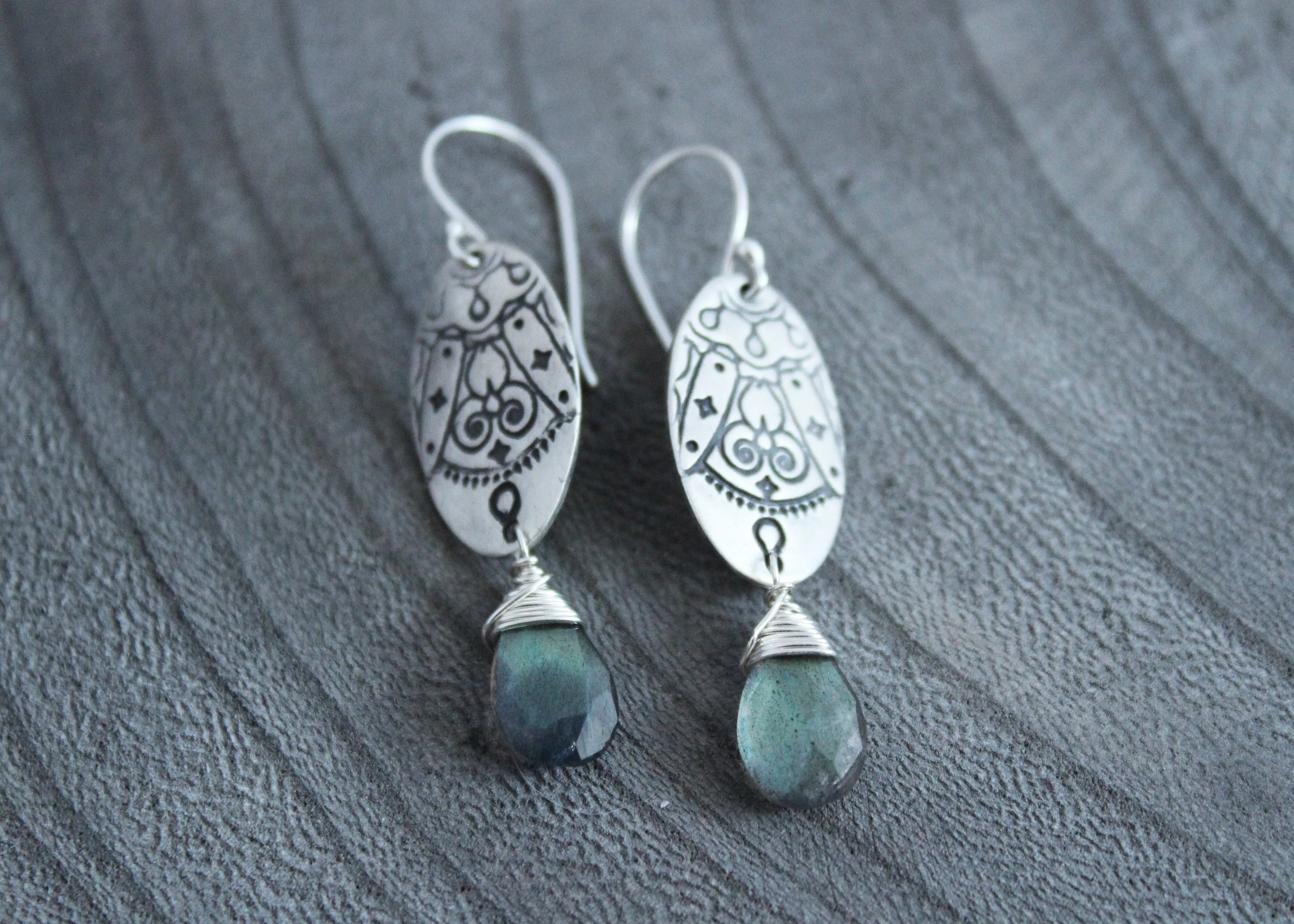 Labradorite Silver Mandala Earrings