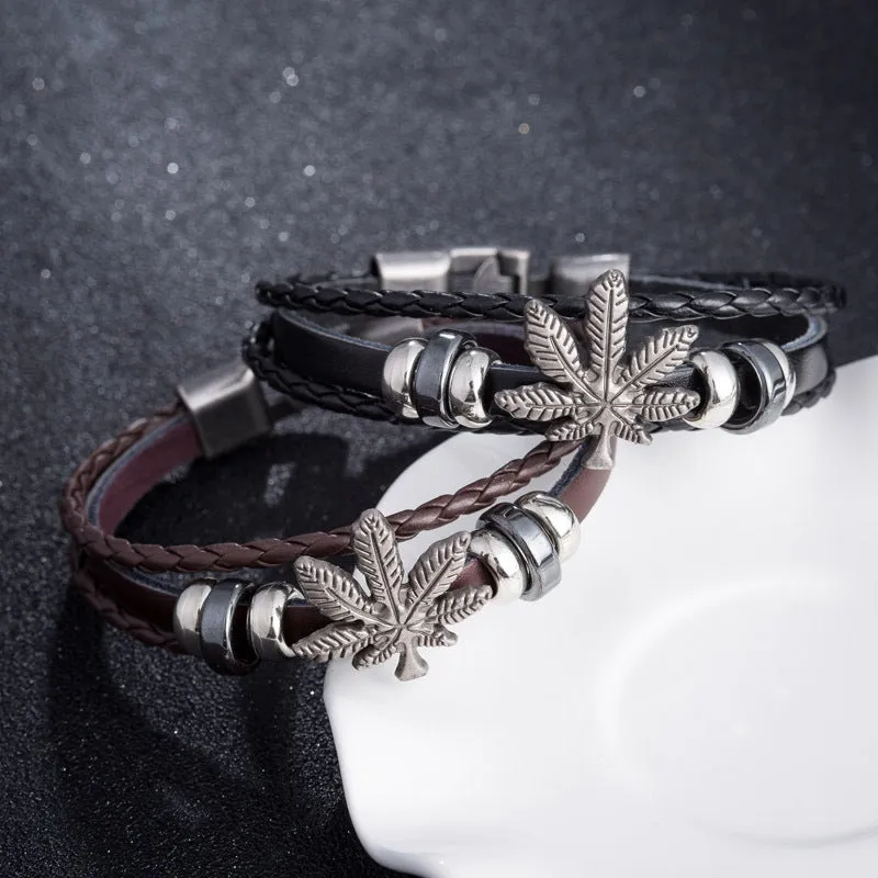Layer Braided Leather Bracelet Retro Leaf Bracelet