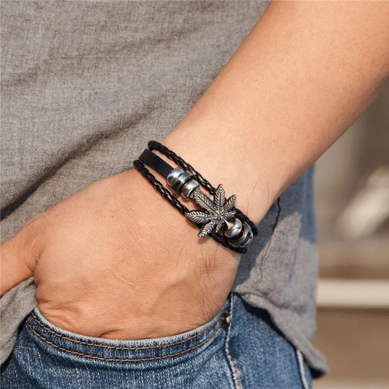 Layer Braided Leather Bracelet Retro Leaf Bracelet