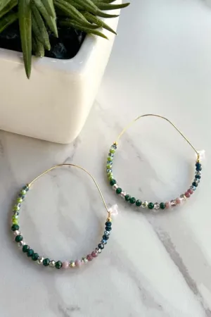 Liza Multi Green Beaded Wire Hoop Earrings