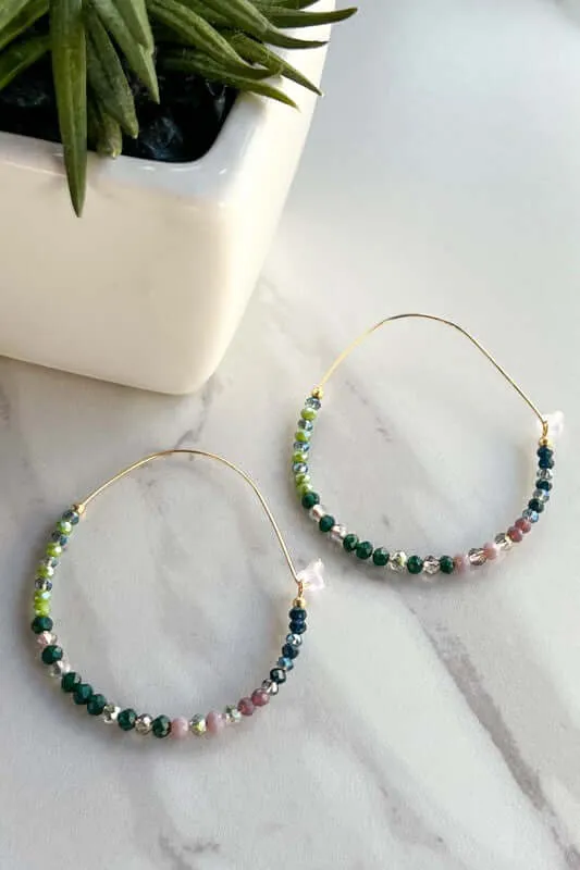 Liza Multi Green Beaded Wire Hoop Earrings