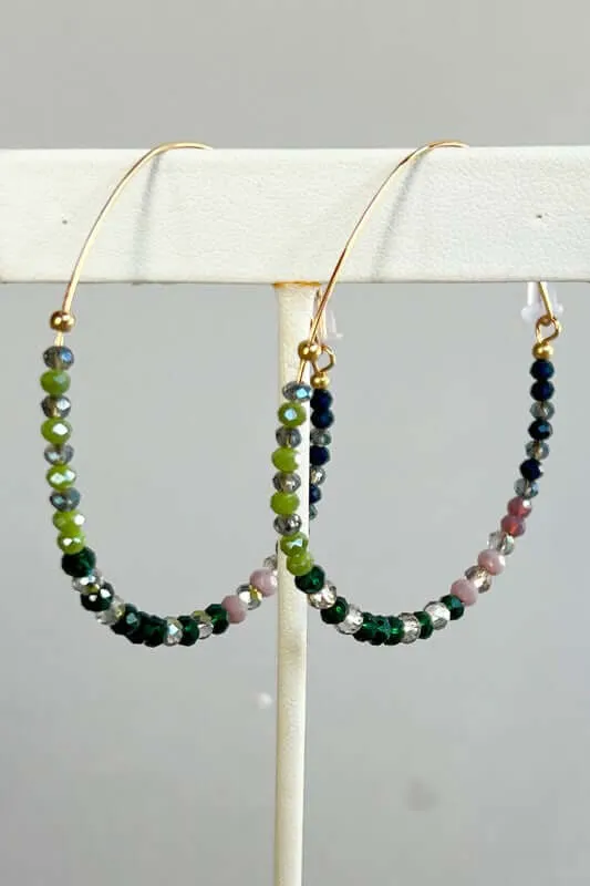 Liza Multi Green Beaded Wire Hoop Earrings