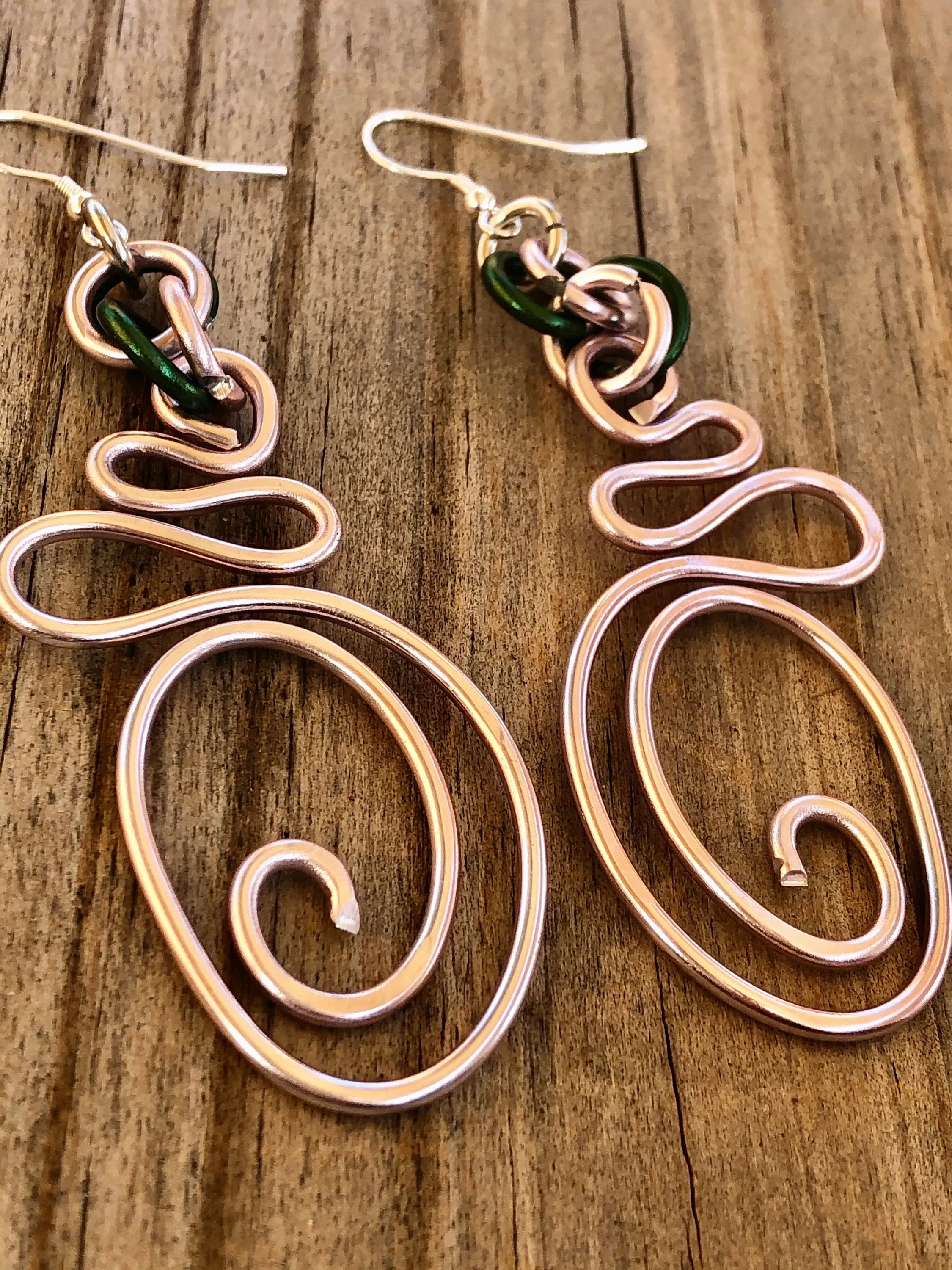 Long Abstract Pink and Green AKA Wire Earrings with sterling silver ear wire