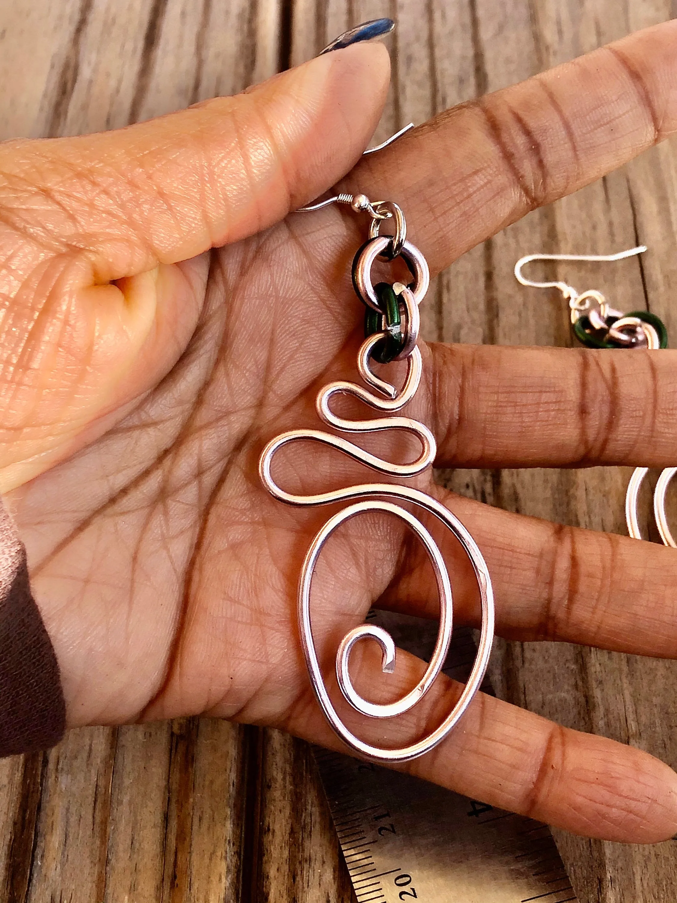 Long Abstract Pink and Green AKA Wire Earrings with sterling silver ear wire