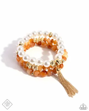 Marbled Mirage - Orange - Bead White Pearl Gold Tassel Paparazzi Stretchy Bracelet - June 2024 Fiercely 5th Avenue