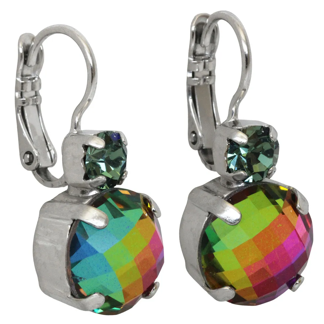 Mariana "Medium Vitrail" Rhodium Plated Lovable Double Stone Checkered Cut Crystal Earrings, 1037A 222ro