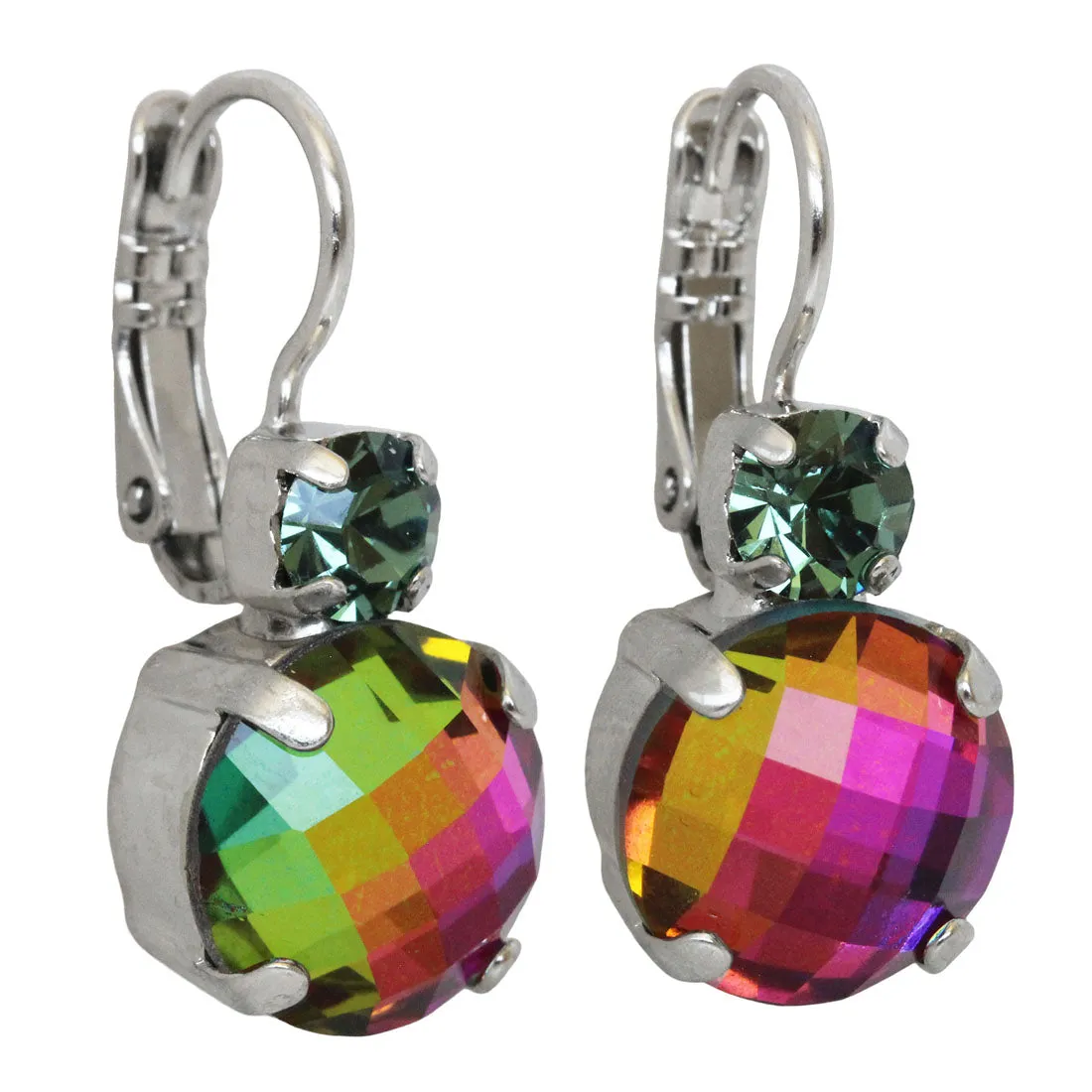 Mariana "Medium Vitrail" Rhodium Plated Lovable Double Stone Checkered Cut Crystal Earrings, 1037A 222ro