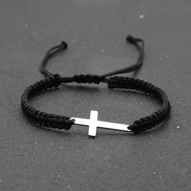 Mens Hand Braided Stainless Steel Cross Bracelet